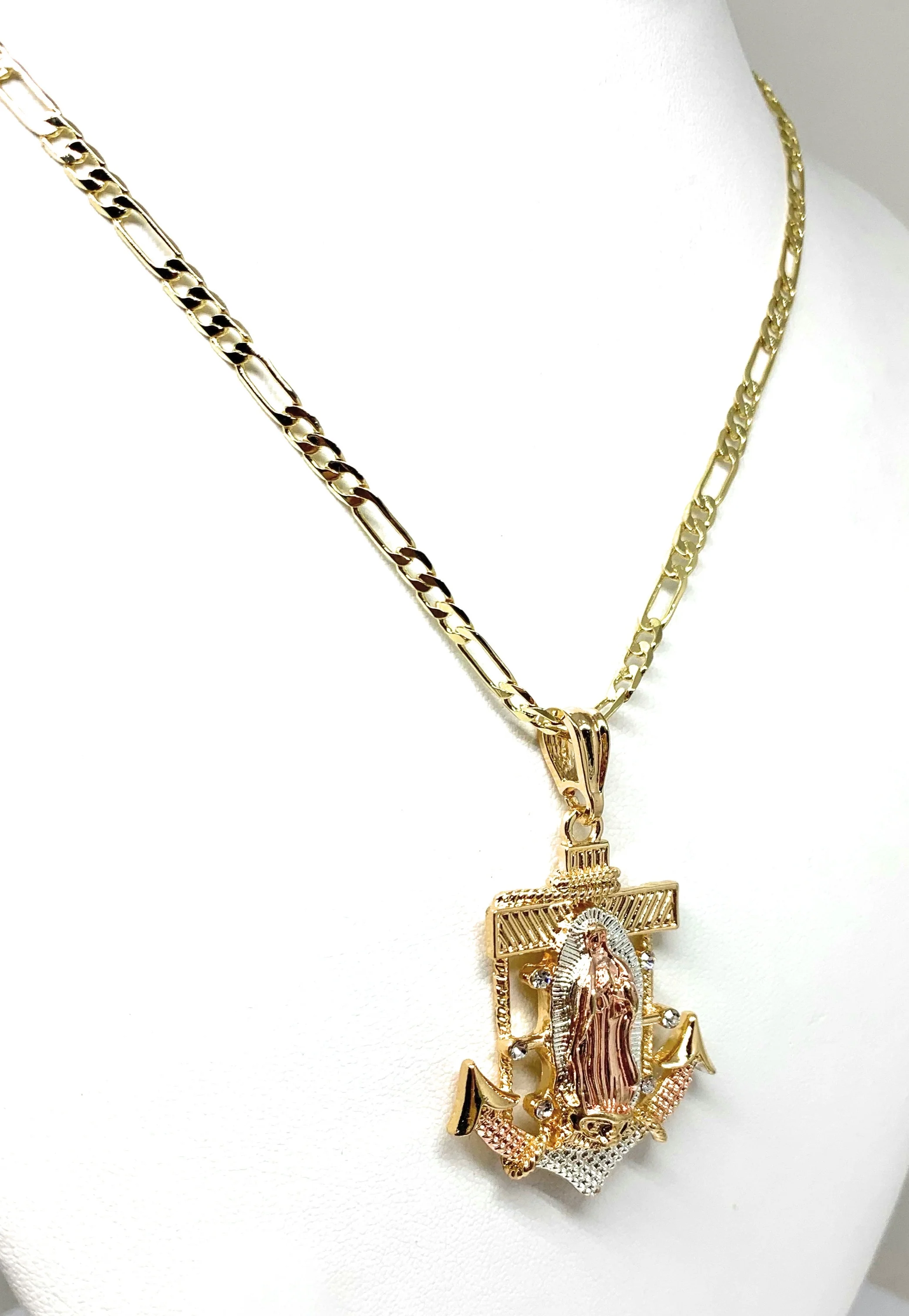 Gold Plated Tri-Color Virgin Mary Big XL Anchor Pendant 26" Figaro Chain - Image 4