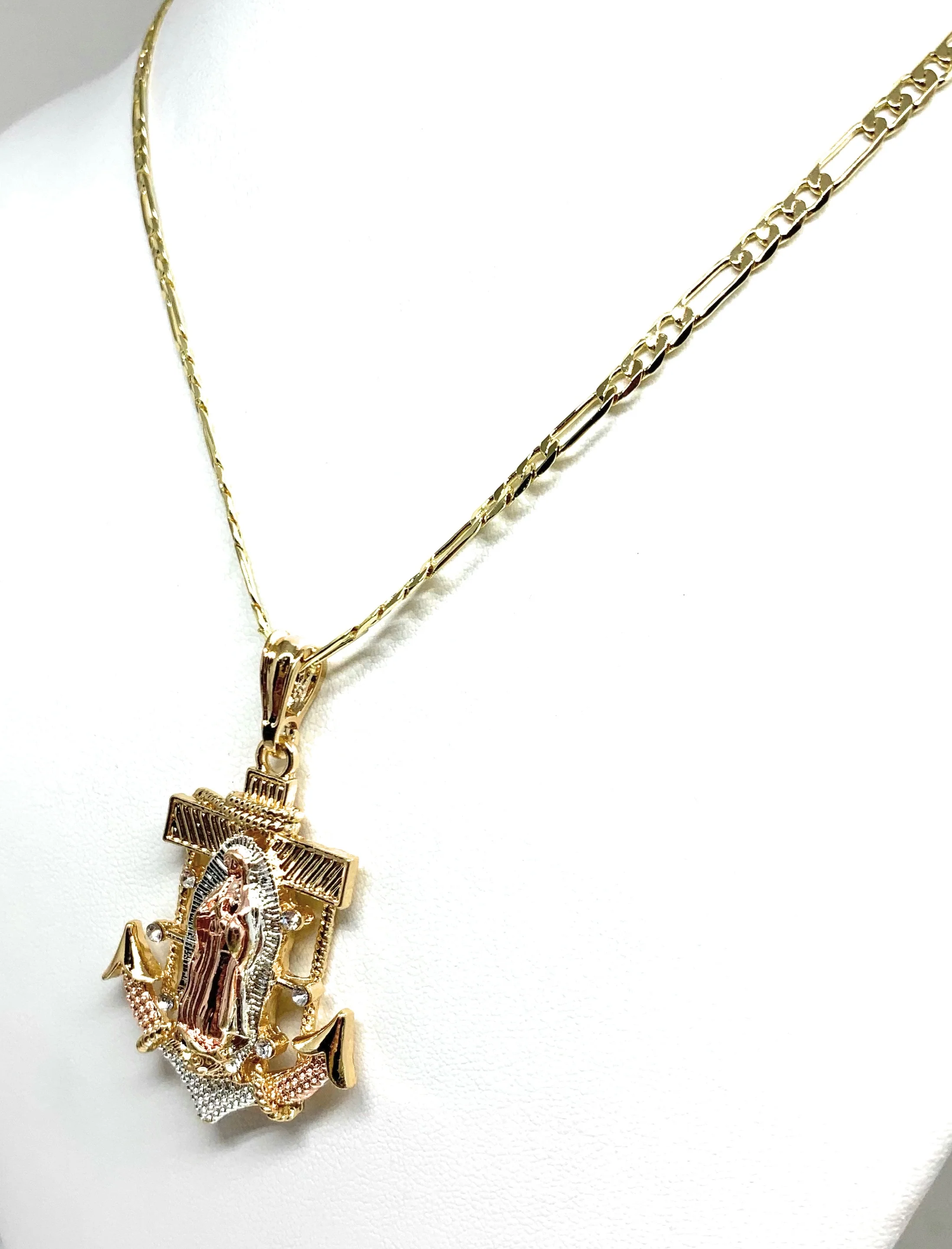 Gold Plated Tri-Color Virgin Mary Big XL Anchor Pendant 26" Figaro Chain - Image 5