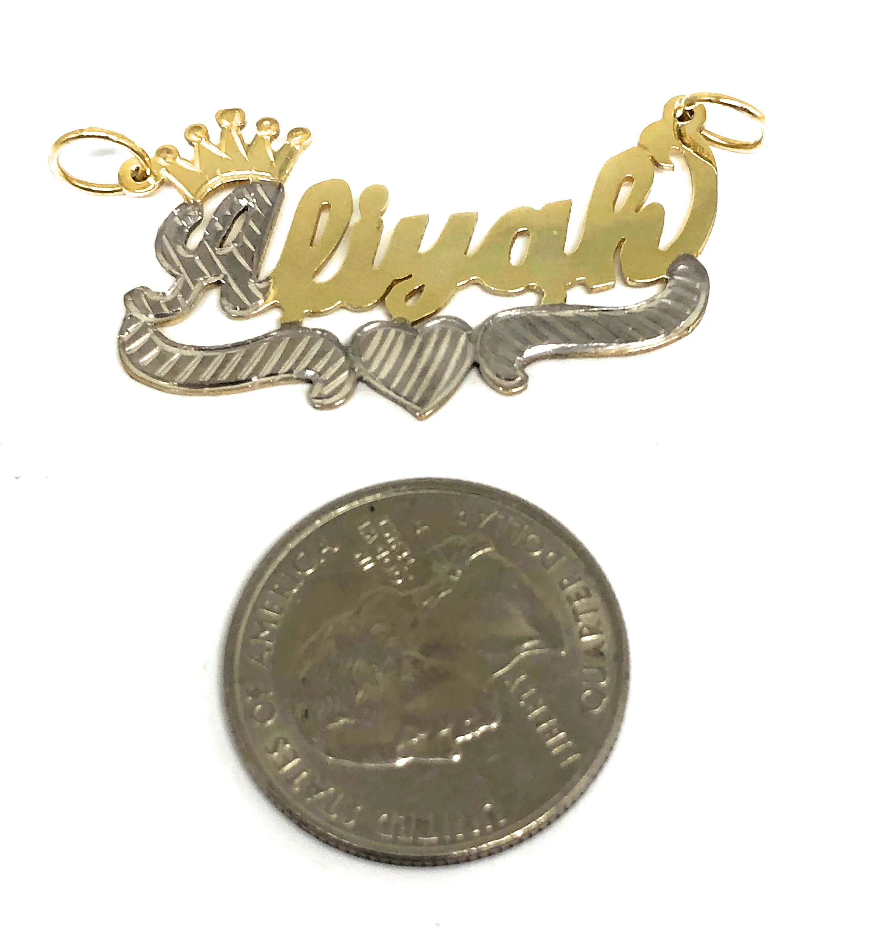 Gold Plated Silver Yellow & White CUSTOMIZED CROWN CURSIVE with HEARTS Nameplate Necklace With Chain - Image 3