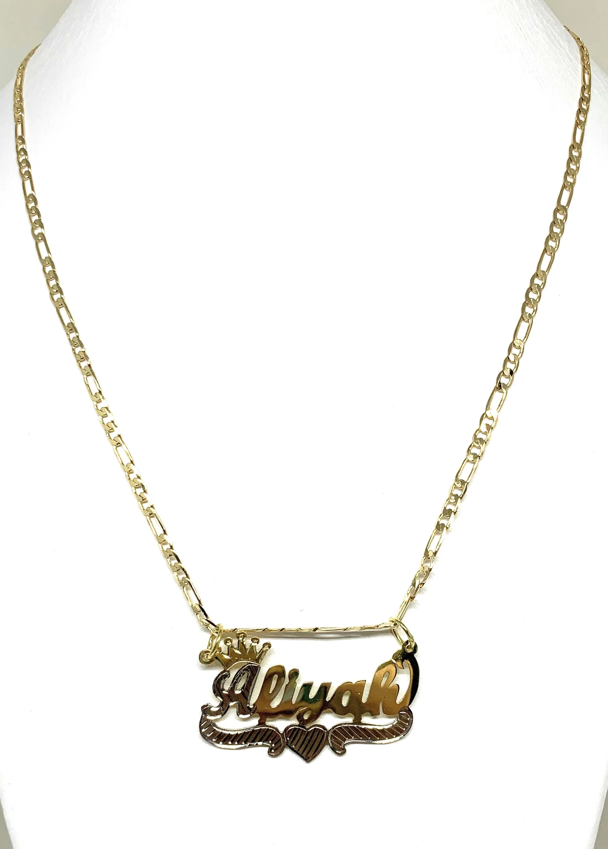 Gold Plated Silver Yellow & White CUSTOMIZED CROWN CURSIVE with HEARTS Nameplate Necklace With Chain - Image 4