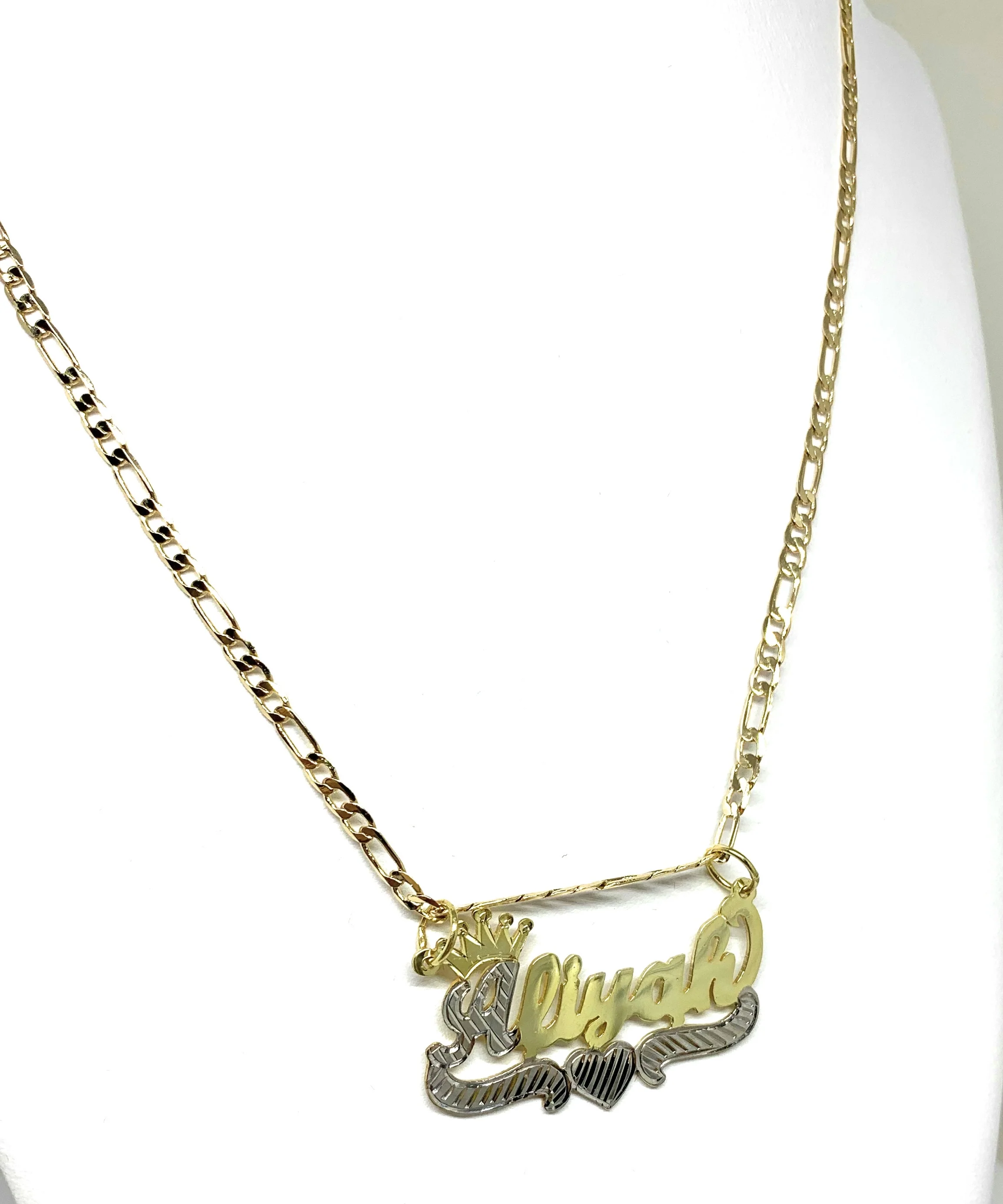 Gold Plated Silver Yellow & White CUSTOMIZED CROWN CURSIVE with HEARTS Nameplate Necklace With Chain - Image 5