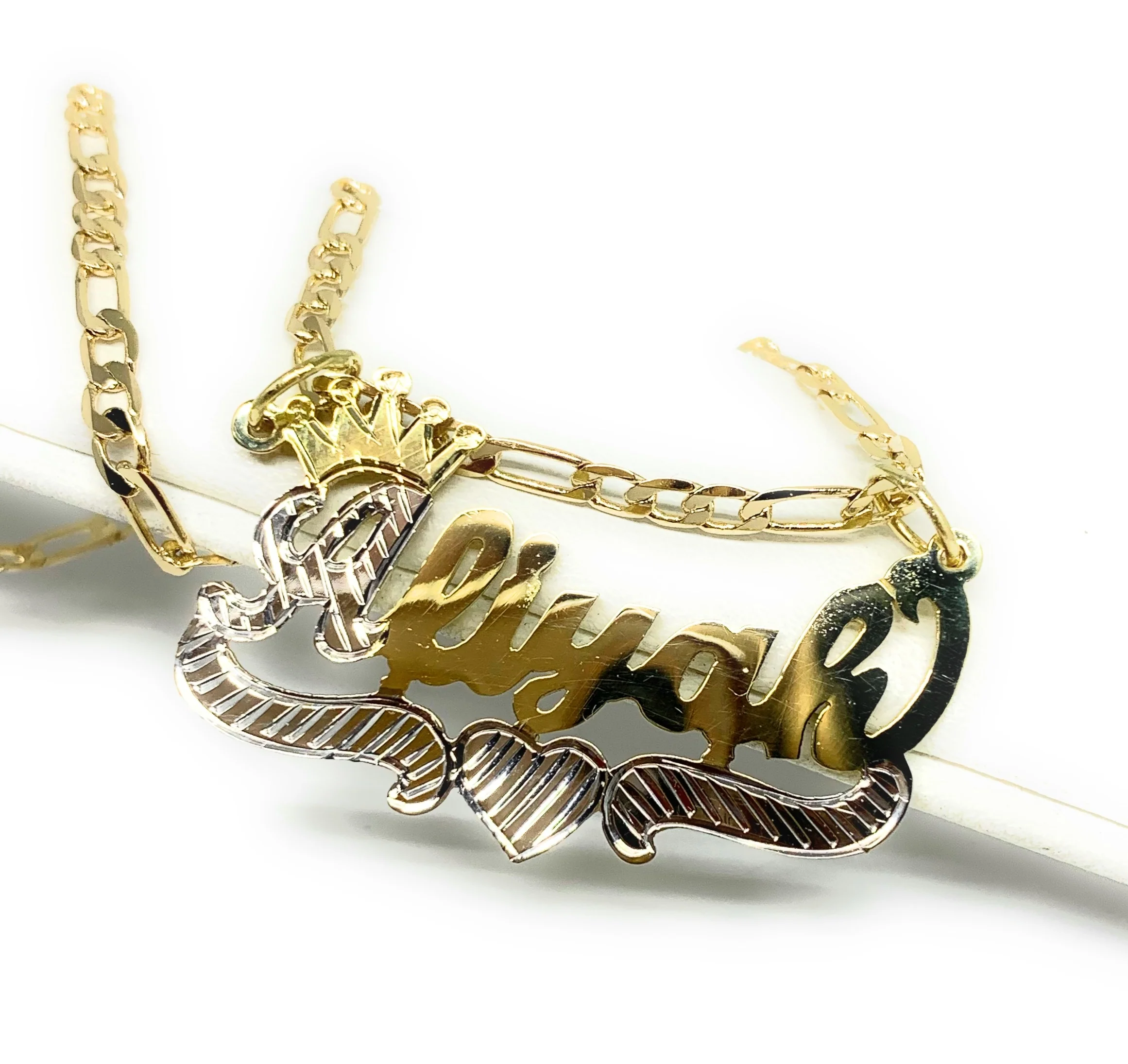Gold Plated Silver Yellow & White CUSTOMIZED CROWN CURSIVE with HEARTS Nameplate Necklace With Chain - Image 6