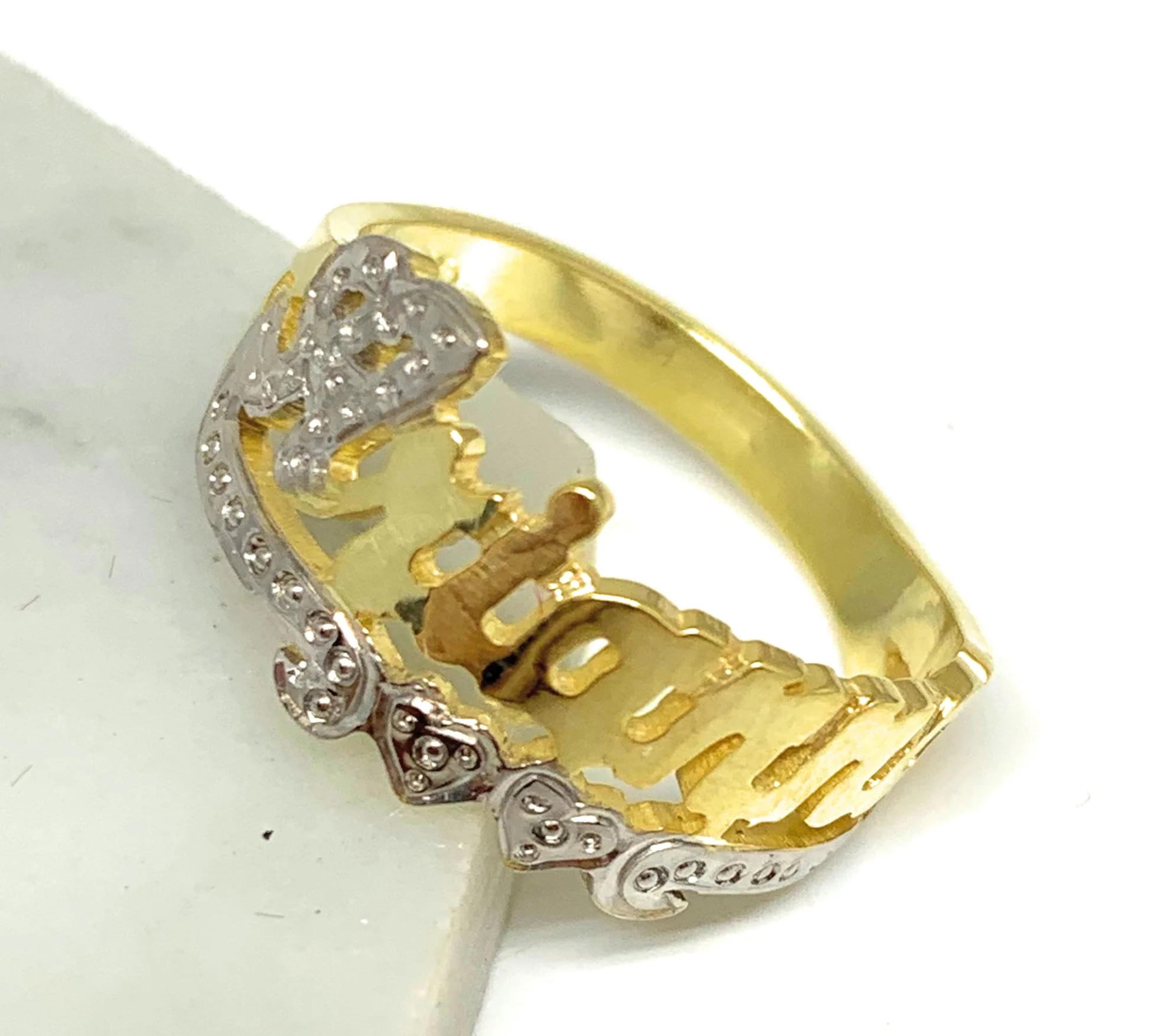 GOLD PLATED SILVER YELLOW & WHITE CUSTOMIZED HEART NAME RING - Image 2
