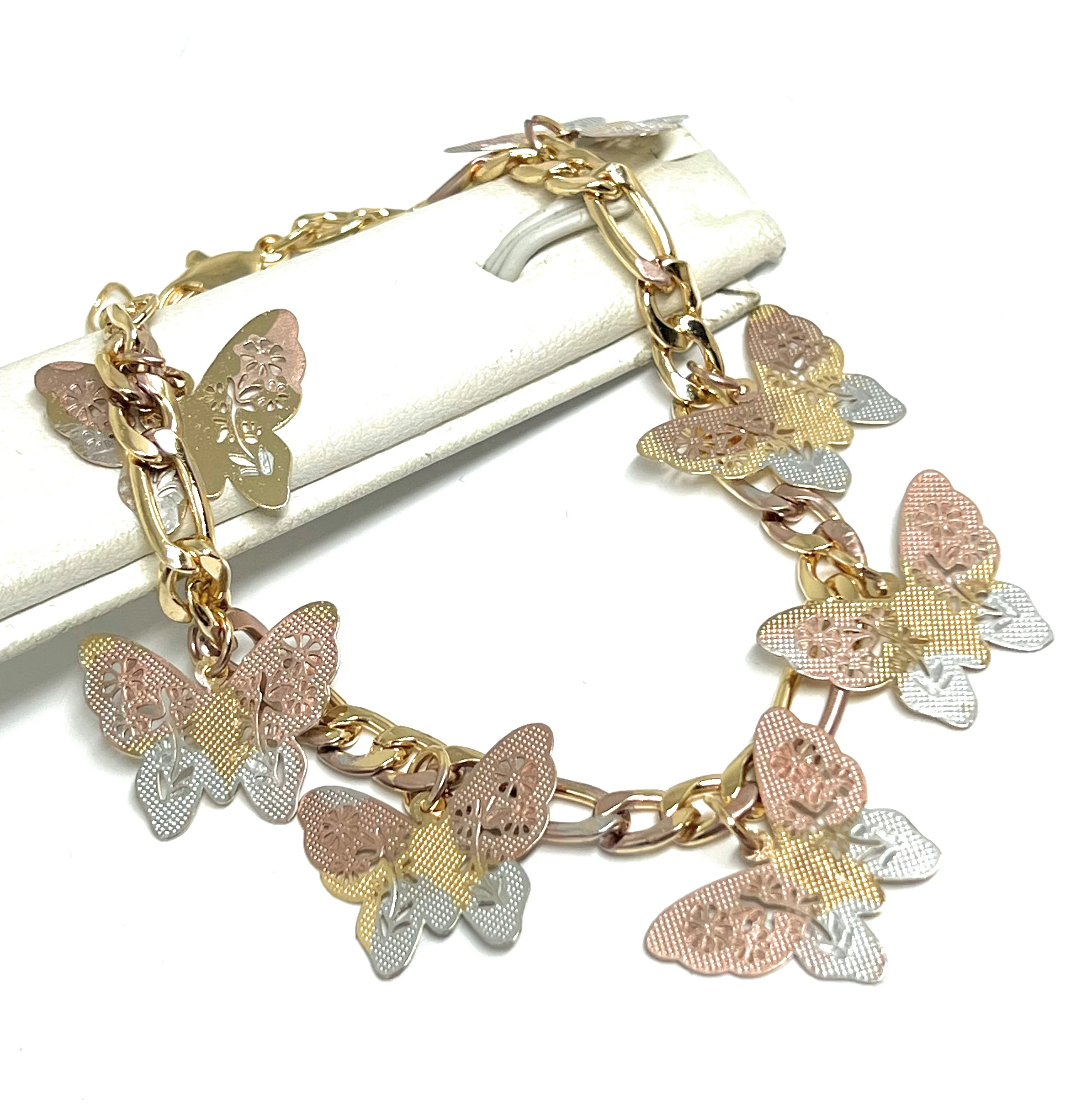 Gold Plated Tri-Color Butterfly Charm Figaro Bracelet 7.5-9 inch adjustable