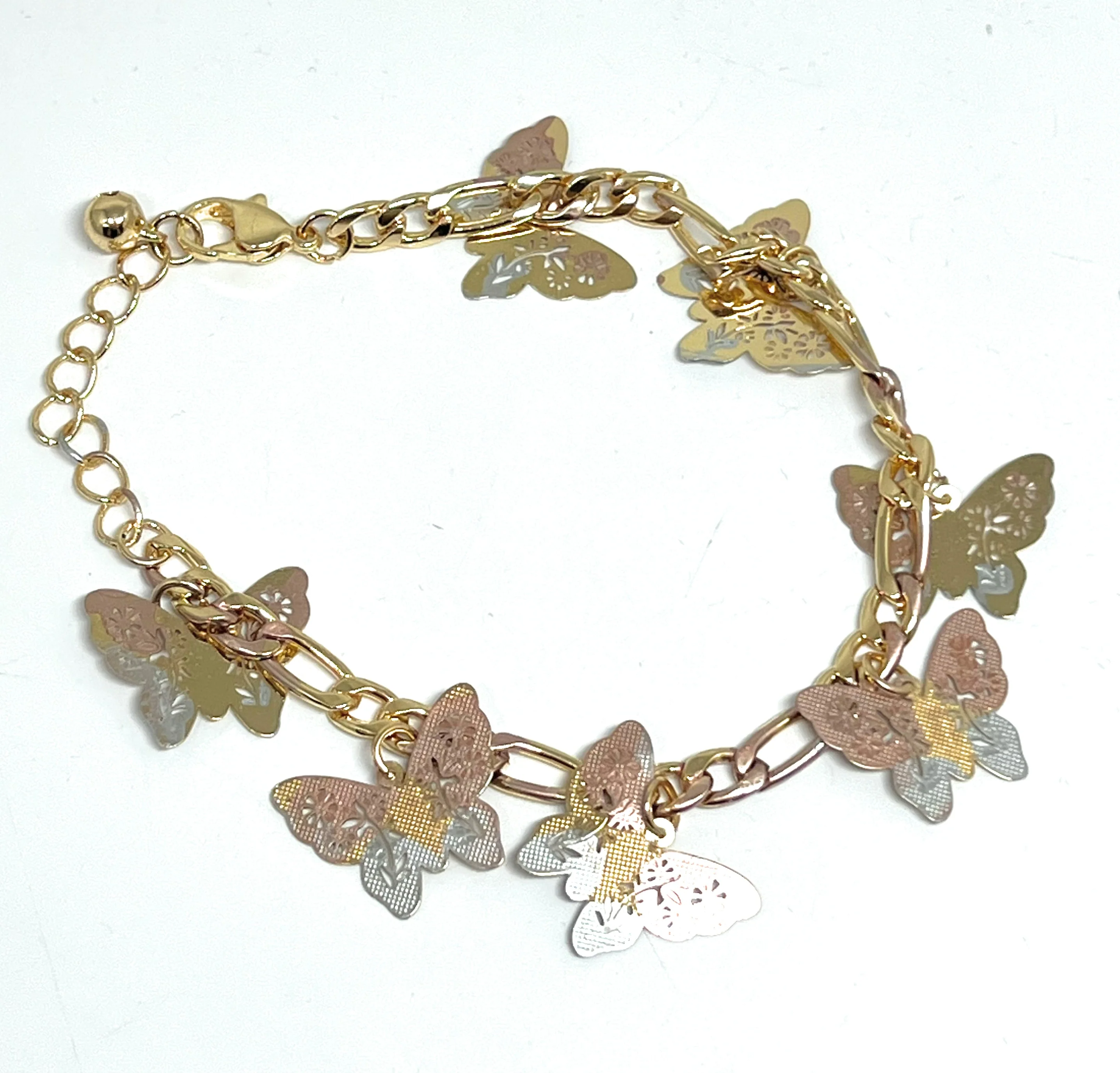 Gold Plated Tri-Color Butterfly Charm Figaro Bracelet 7.5-9 inch adjustable - Image 3