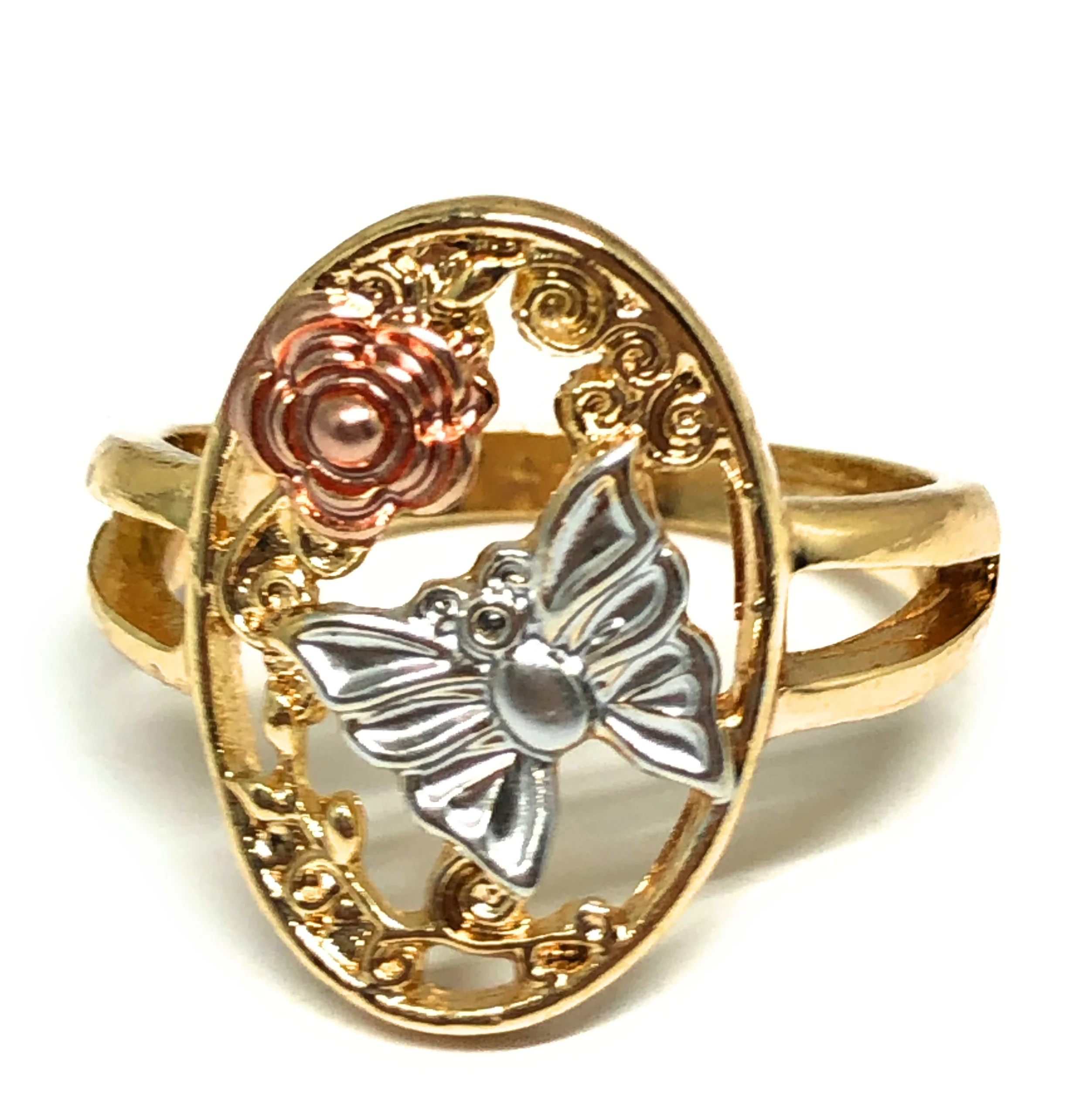 Gold Plated Tri-Color Butterfly Flower Ring Anillo