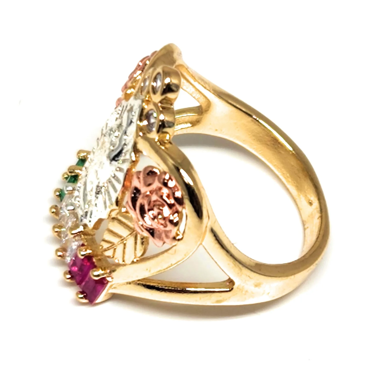 Gold Plated Tri-Color CROWN FLOWER Virgin Mary CZ Ring Virgen Guadalupe Anillo - Image 2
