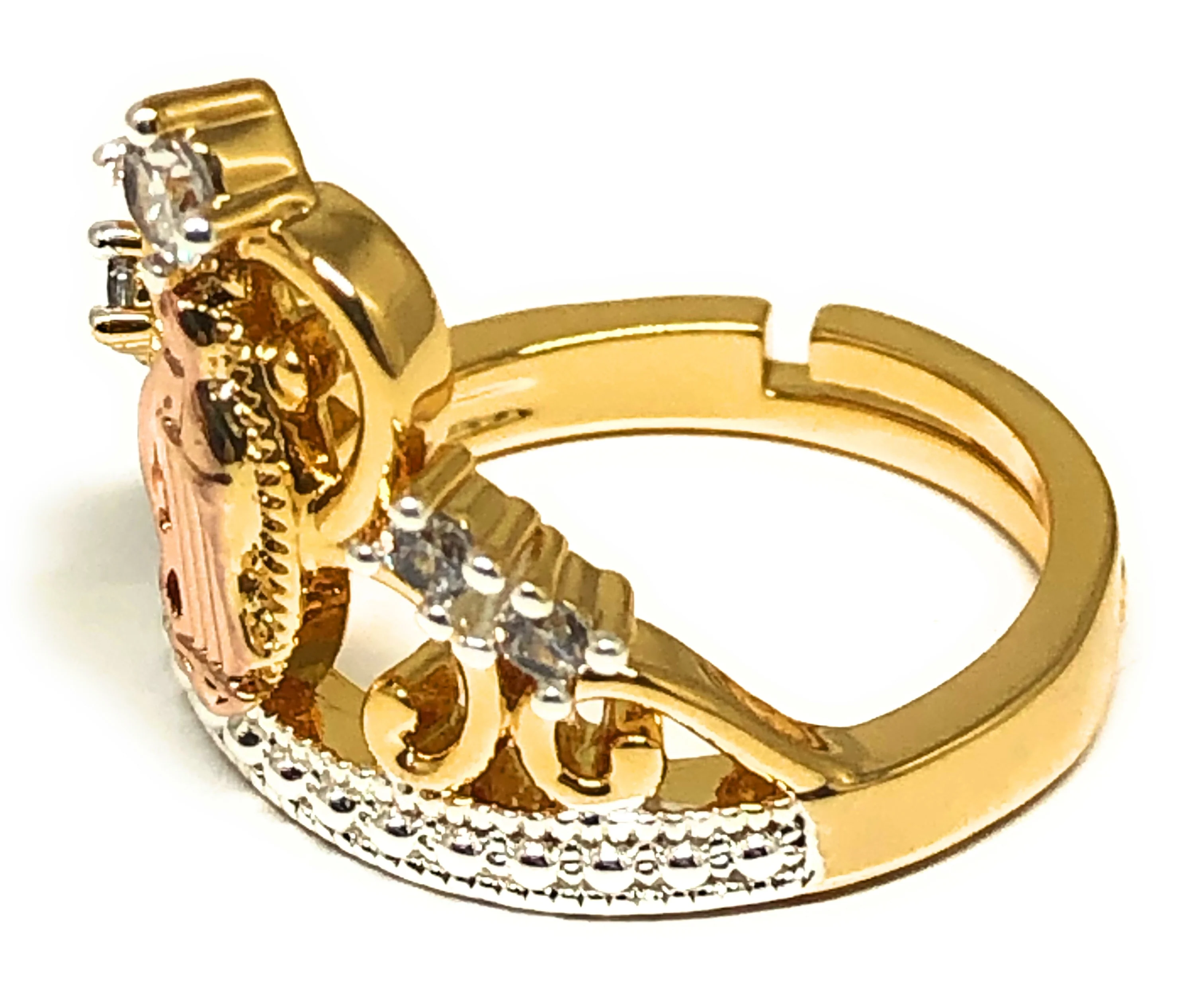 Gold Plated Tri-Color CROWN Virgin Mary CZ Ring Virgen Guadalupe Anillo Adjustable Sizes (5-12) - Image 2