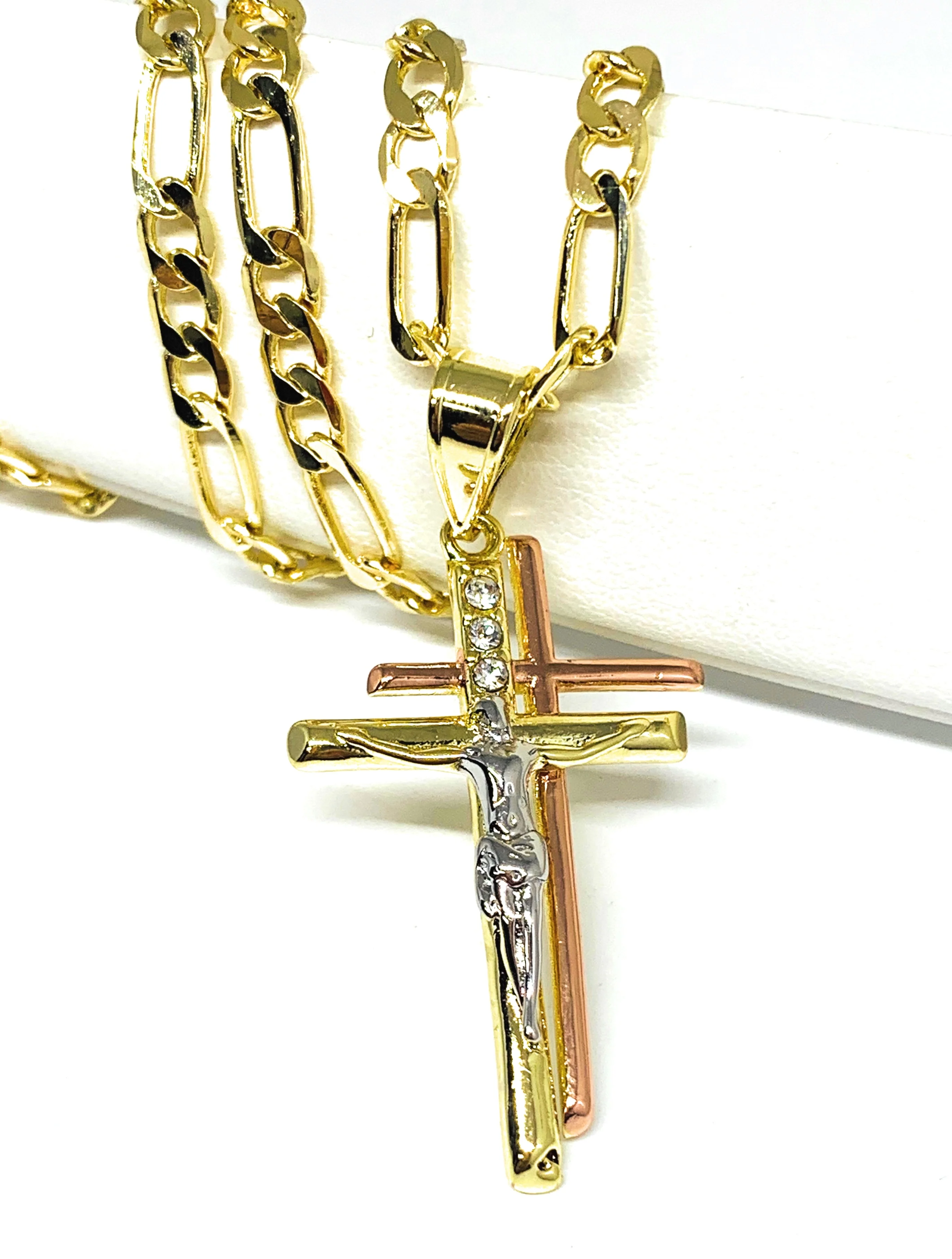Gold Plated Tri-Color Double Cross Jesus Crucifix 24" Chain Cruz Crucifijo