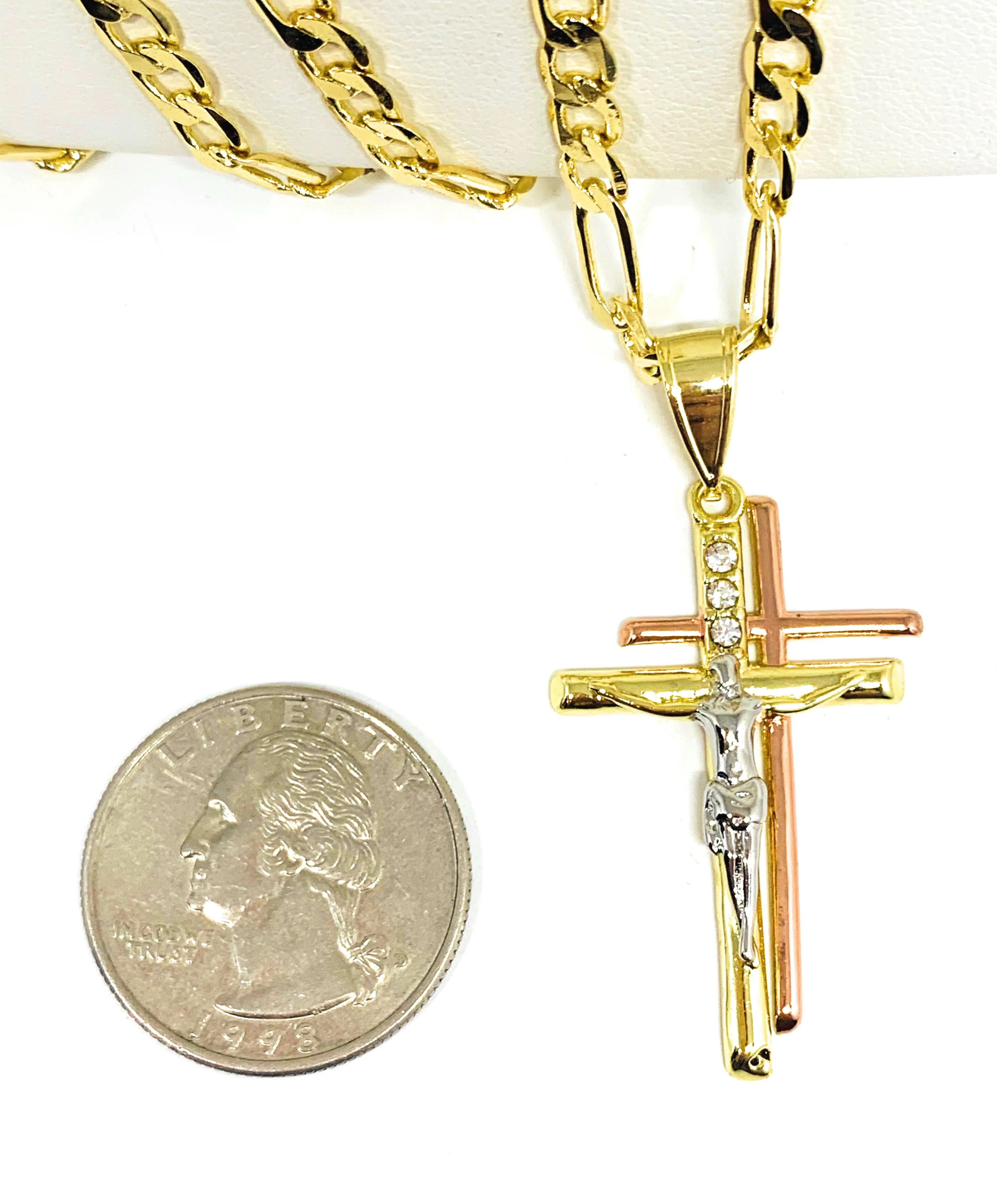 Gold Plated Tri-Color Double Cross Jesus Crucifix 24" Chain Cruz Crucifijo - Image 2