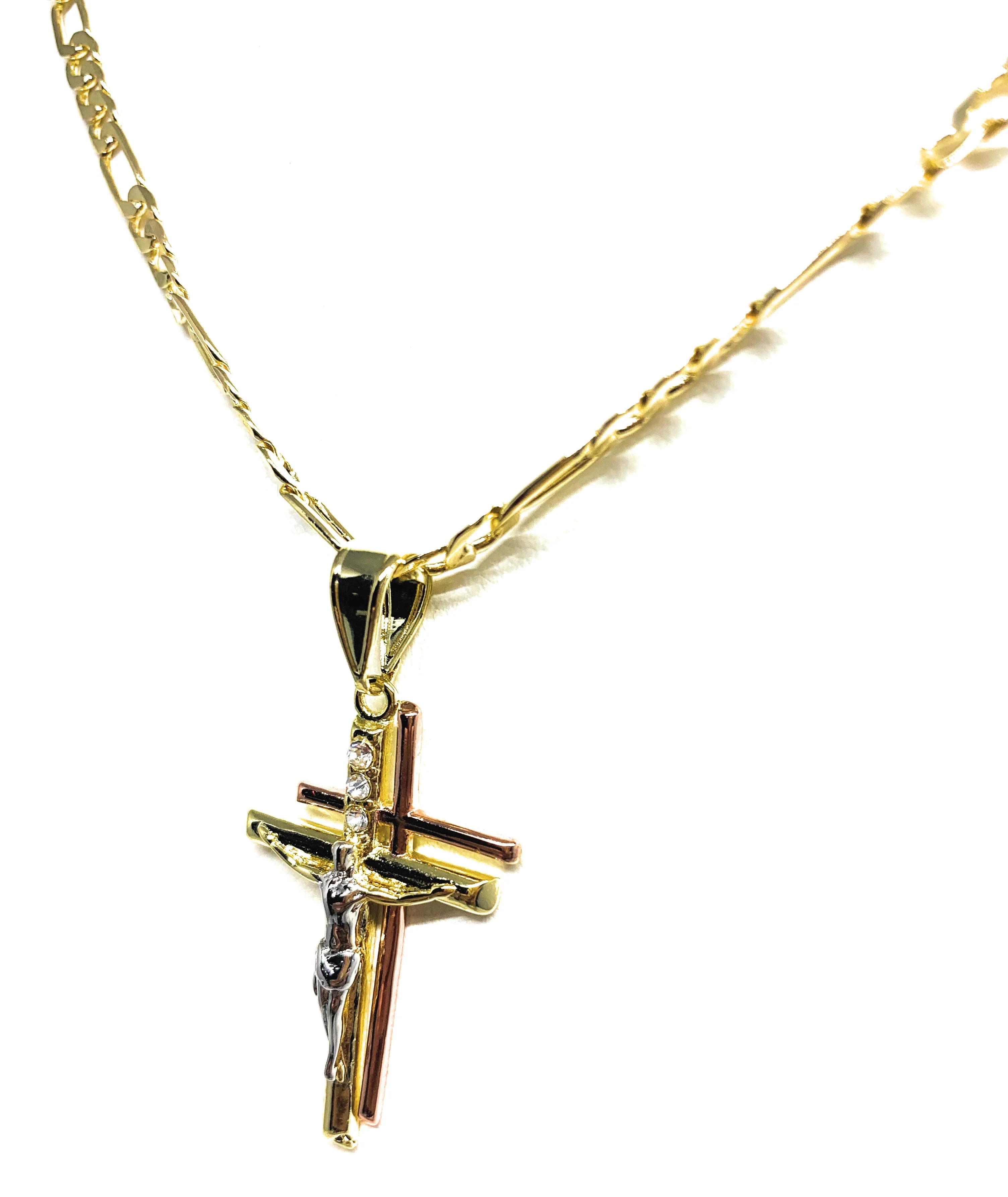 Gold Plated Tri-Color Double Cross Jesus Crucifix 24" Chain Cruz Crucifijo - Image 3