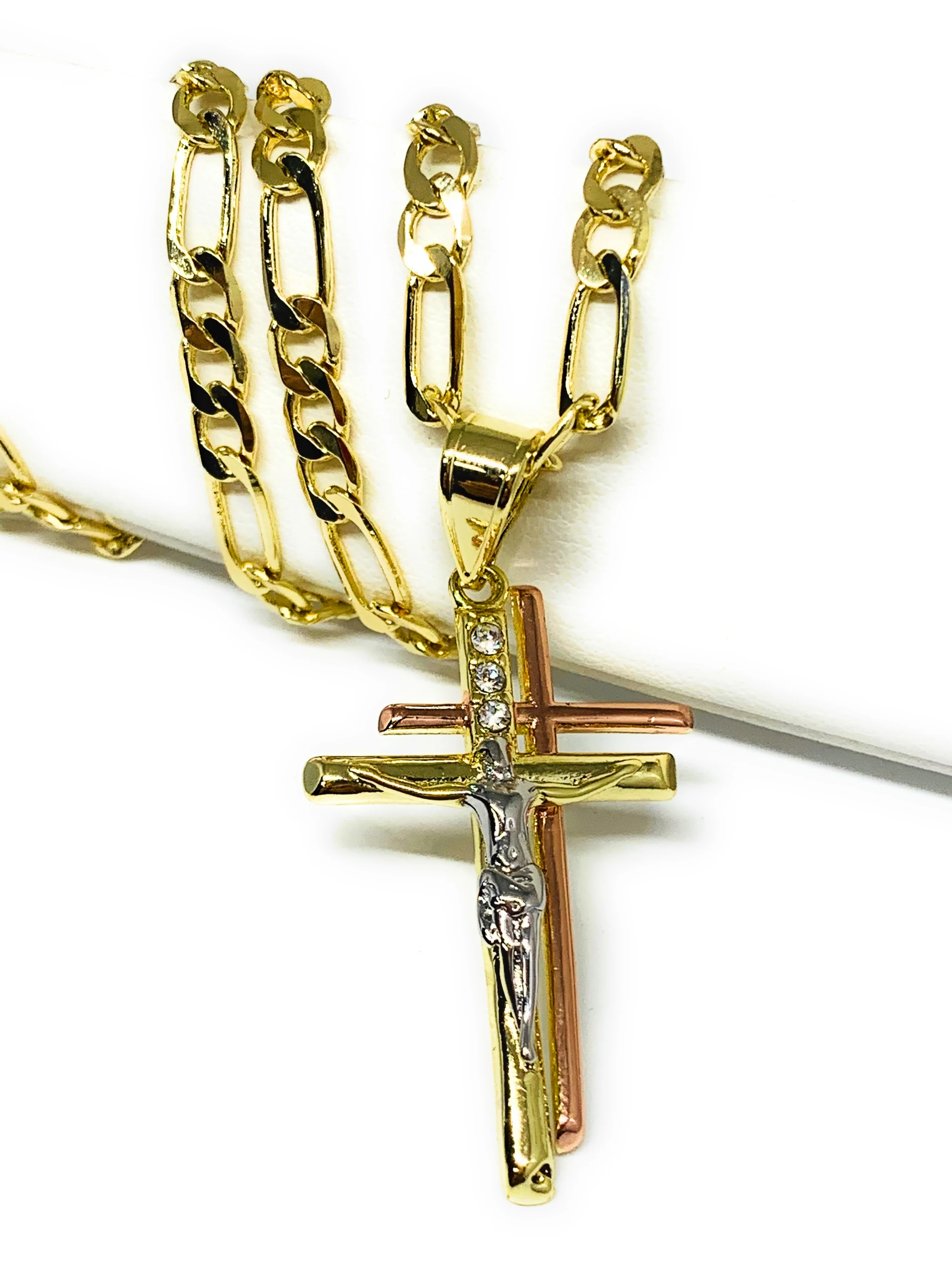 Gold Plated Tri-Color Double Cross Jesus Crucifix 24" Chain Cruz Crucifijo - Image 4