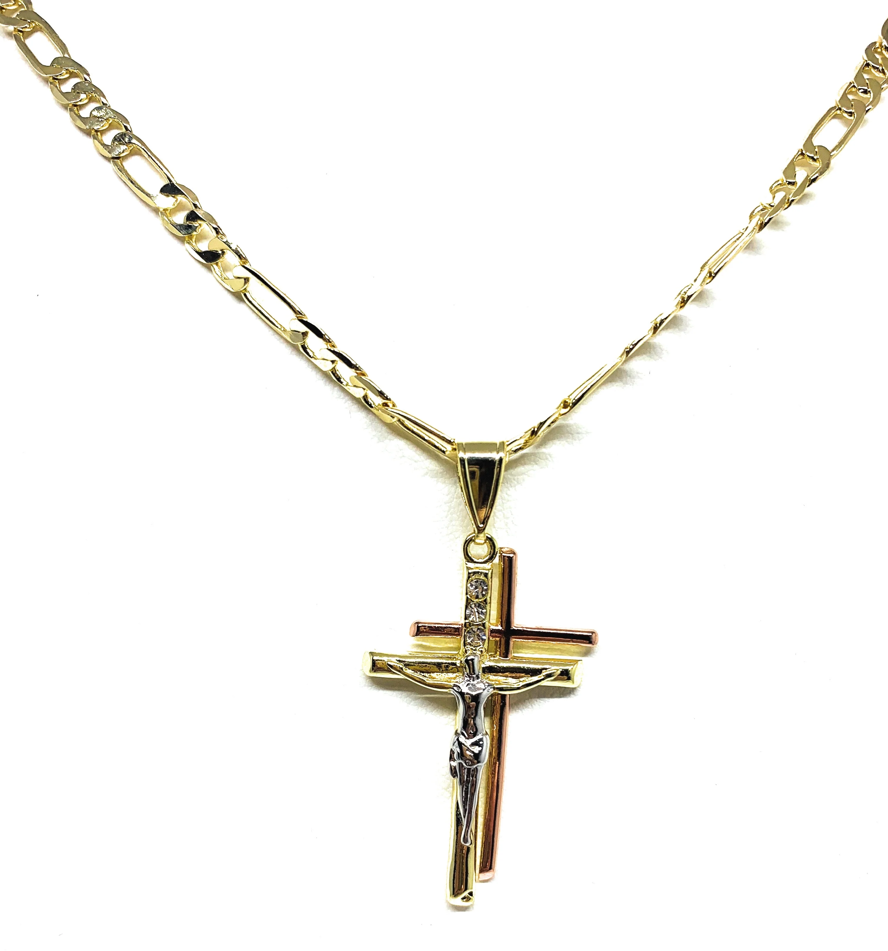 Gold Plated Tri-Color Double Cross Jesus Crucifix 24" Chain Cruz Crucifijo - Image 5