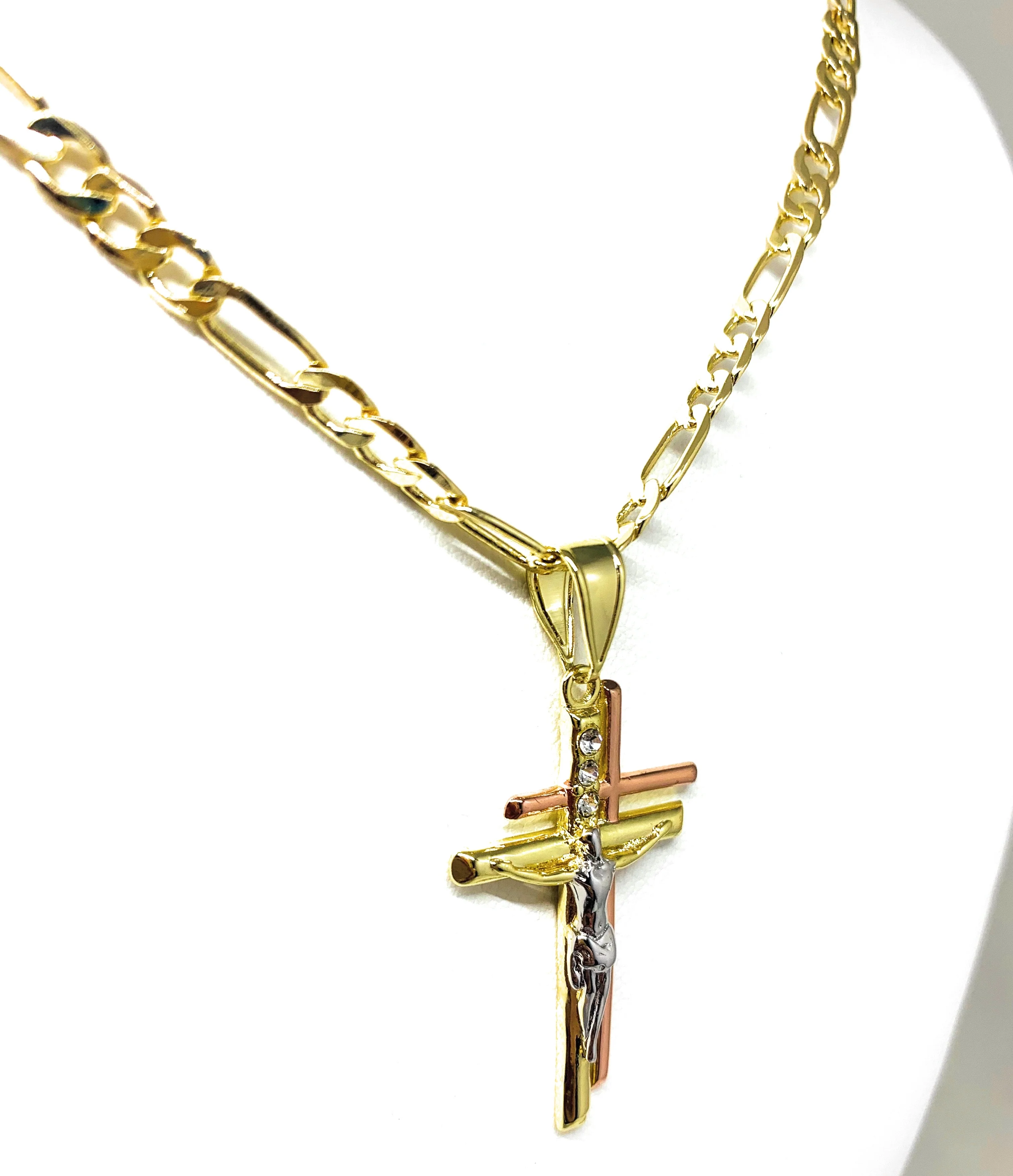 Gold Plated Tri-Color Double Cross Jesus Crucifix 24" Chain Cruz Crucifijo - Image 6