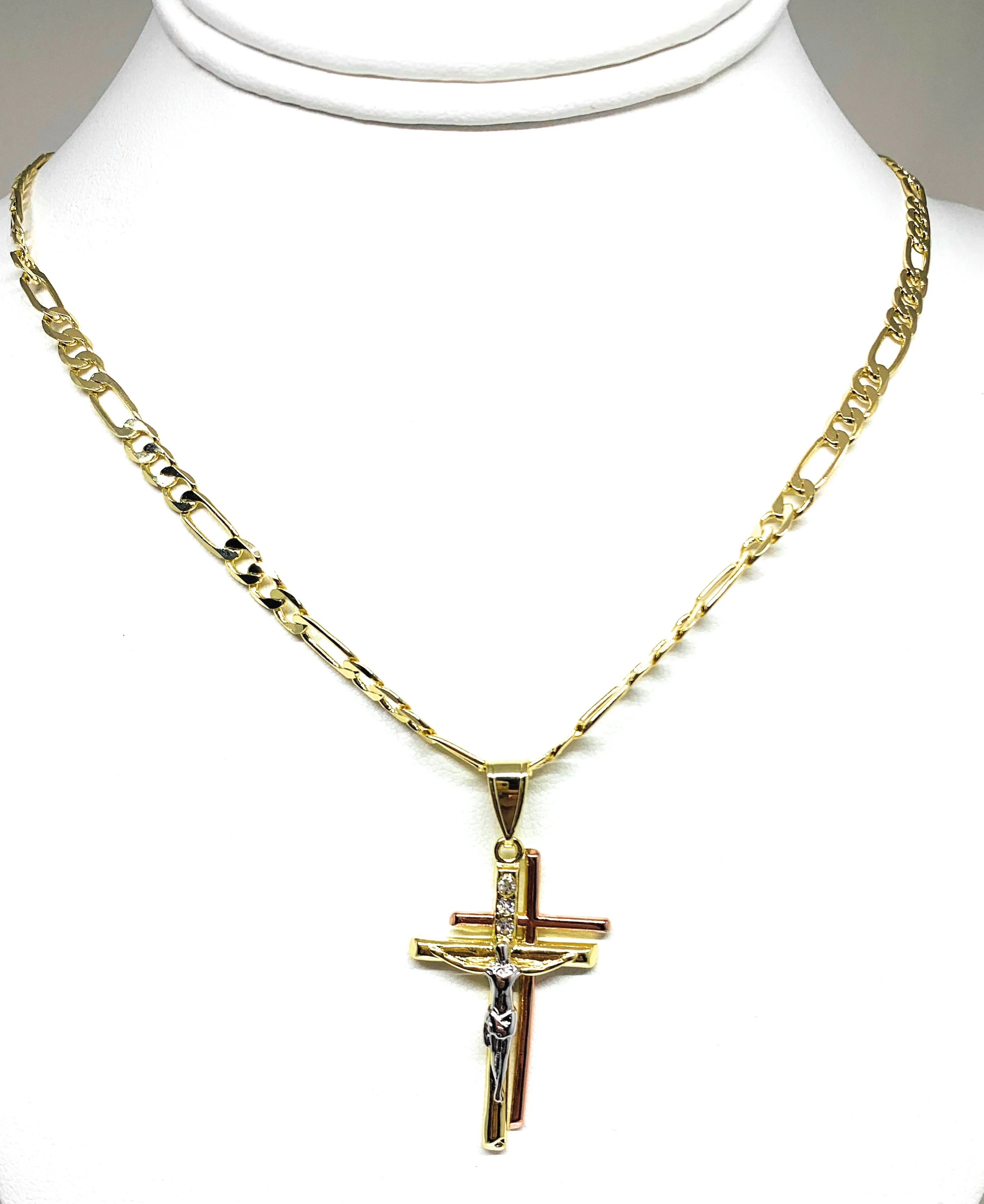 Gold Plated Tri-Color Double Cross Jesus Crucifix 24" Chain Cruz Crucifijo - Image 7