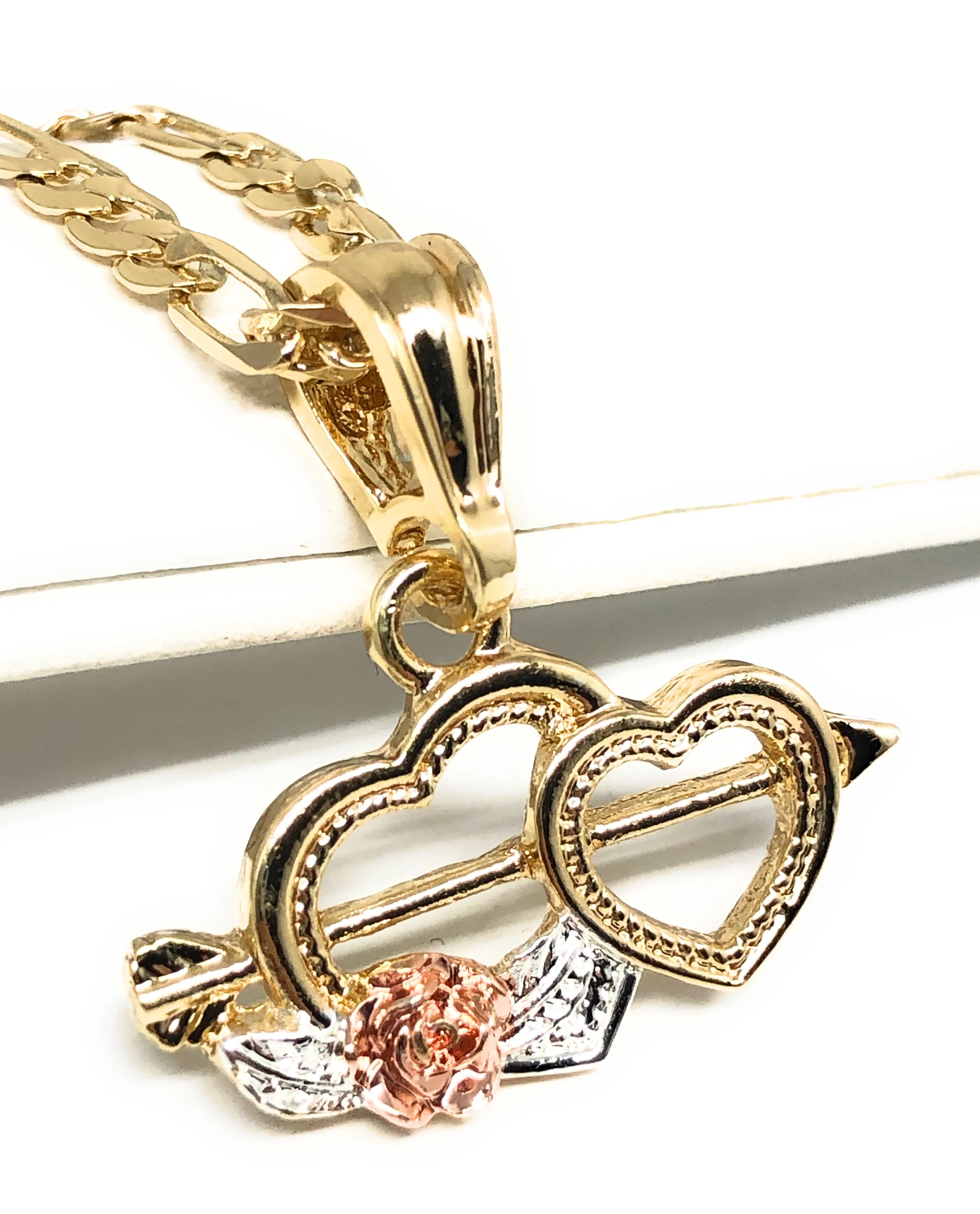 Gold Plated Tri-Color Double Heart Rose Pendant Necklace Chain 24” Corazón Medalla - Image 3