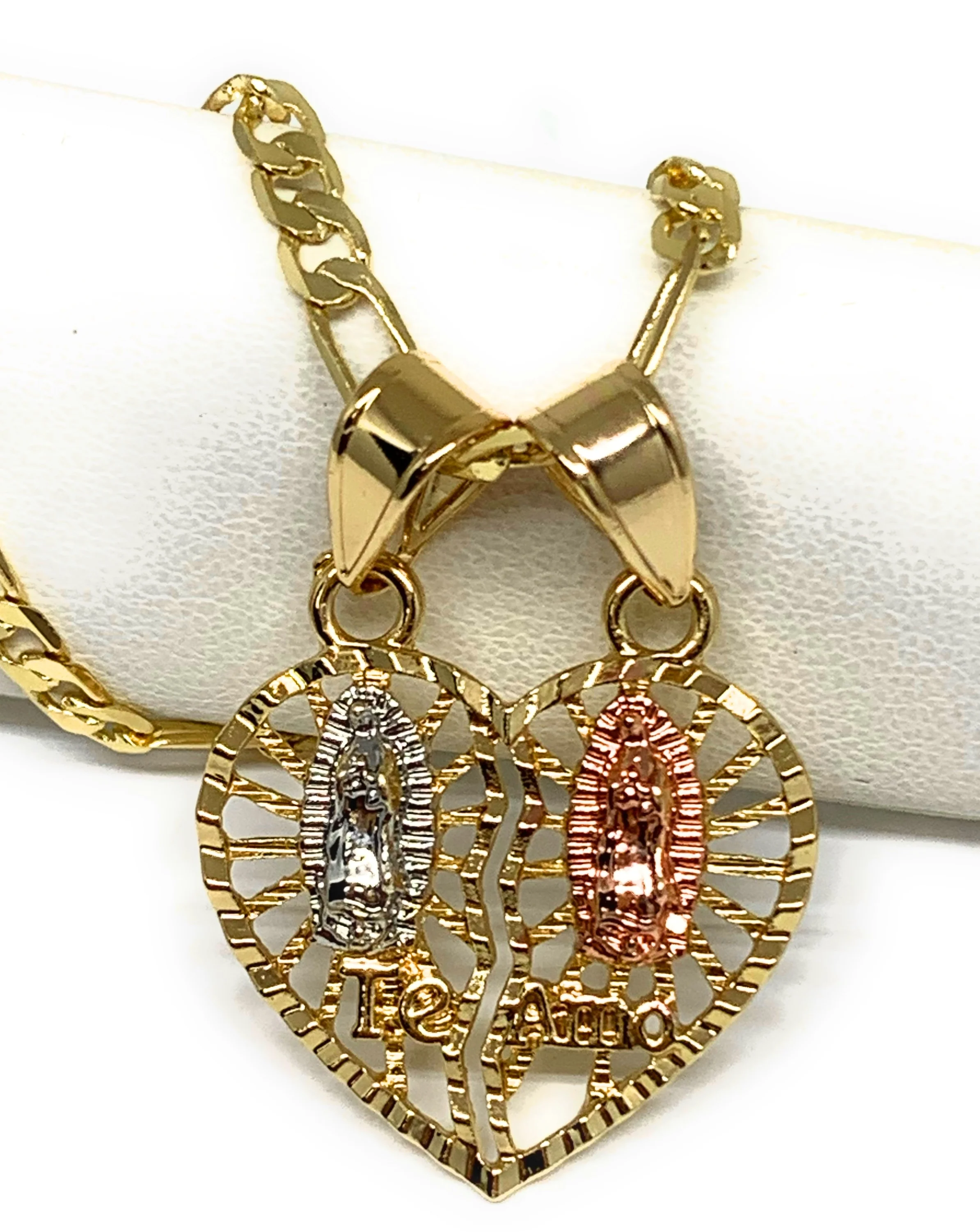 Gold Plated Tri-Color Double Virgin Mary "Te Amo" Heart Split Pendant Necklace 24" Virgen de Guadalupe