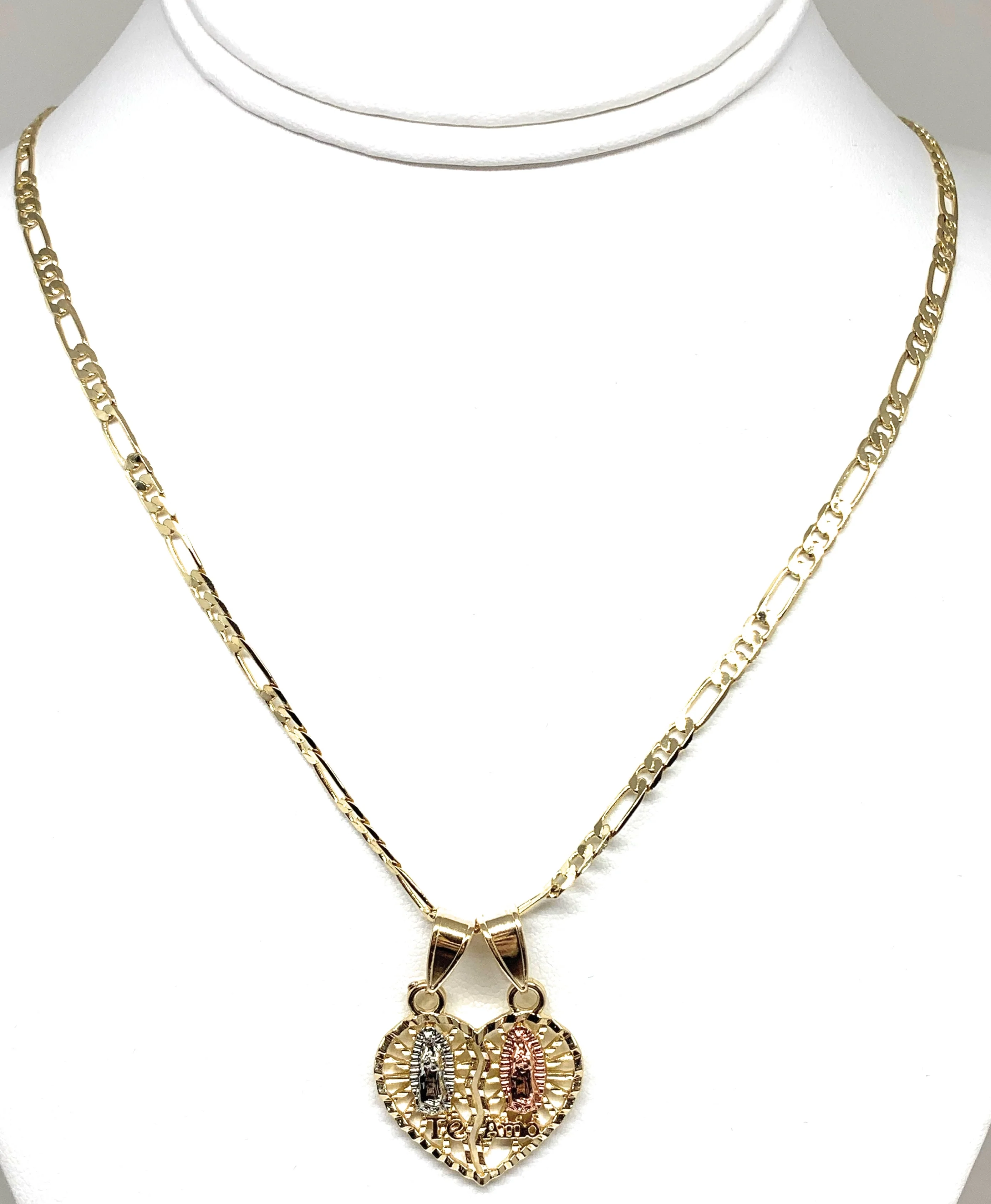 Gold Plated Tri-Color Double Virgin Mary "Te Amo" Heart Split Pendant Necklace 24" Virgen de Guadalupe - Image 3