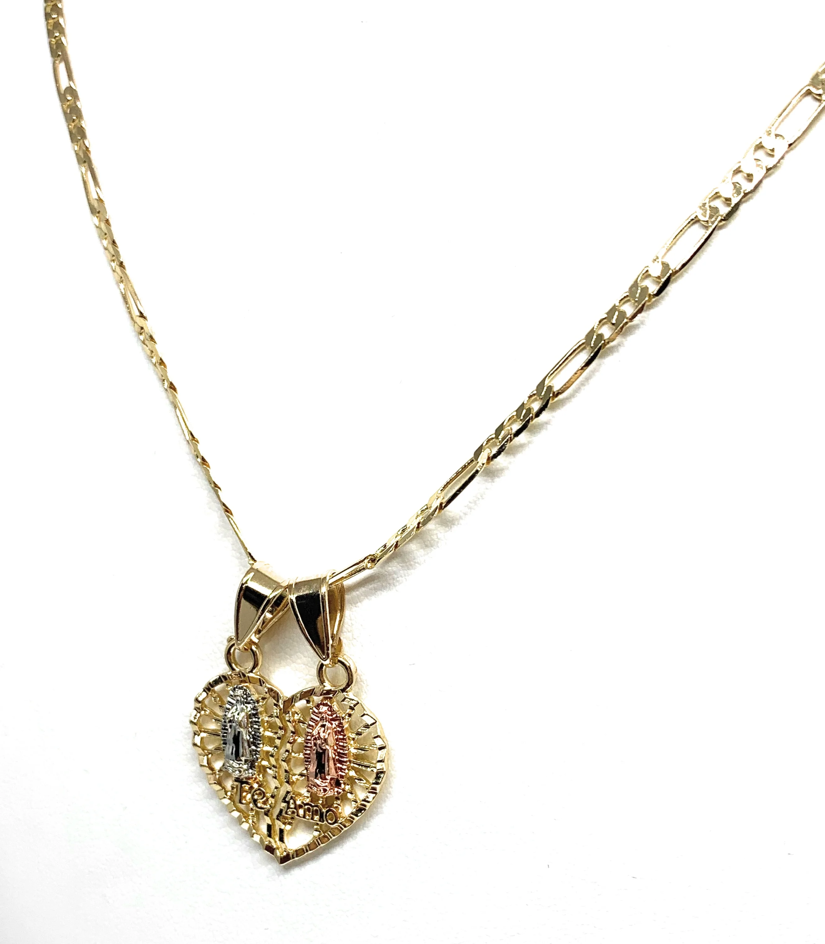 Gold Plated Tri-Color Double Virgin Mary "Te Amo" Heart Split Pendant Necklace 24" Virgen de Guadalupe - Image 4