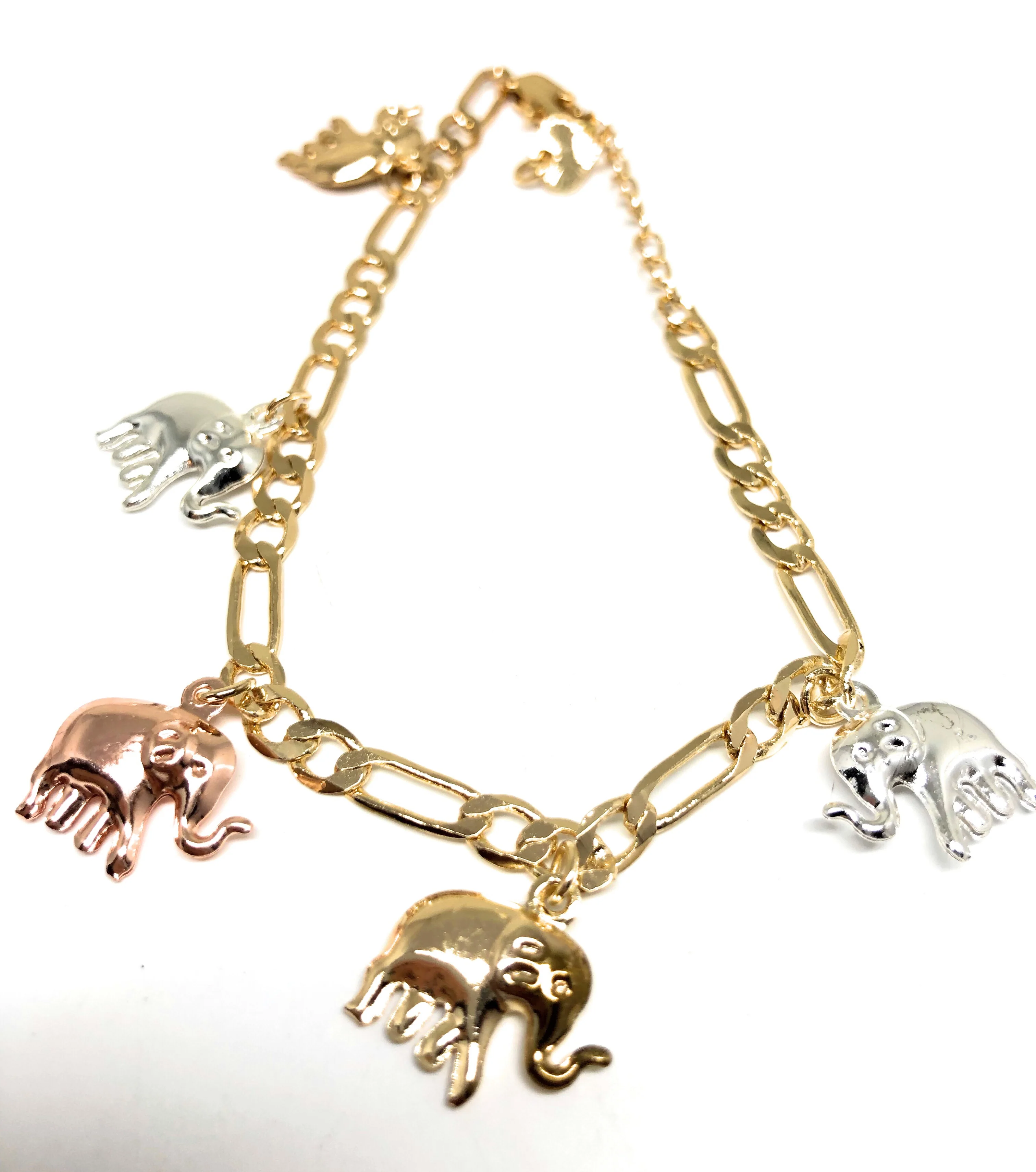 Gold Plated Tri-Color Elephant Charm Bracelet 8” - Image 3