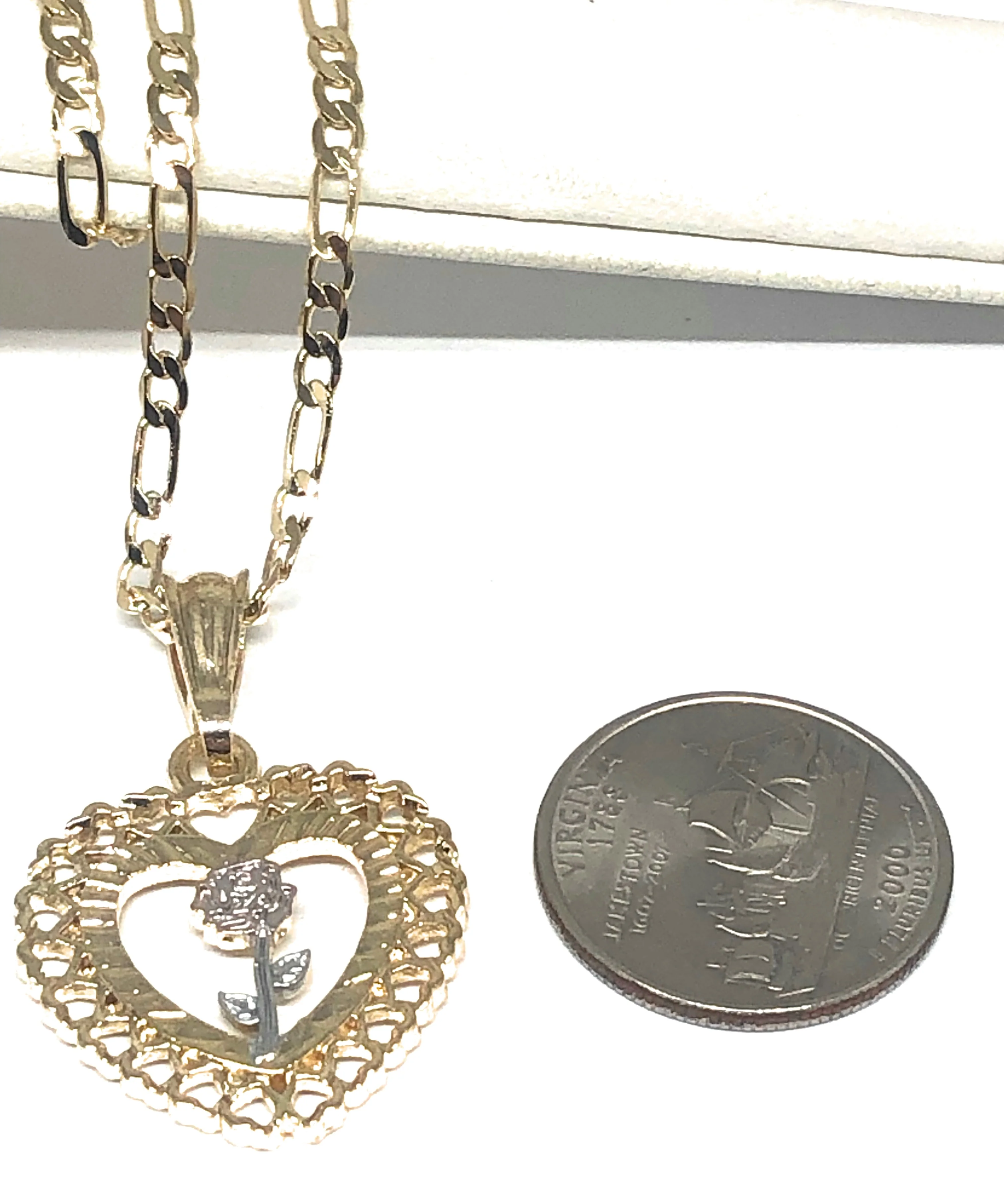Gold Plated Tri-Color Heart Rose Pendant Necklace Figaro Chain 24” - Image 2
