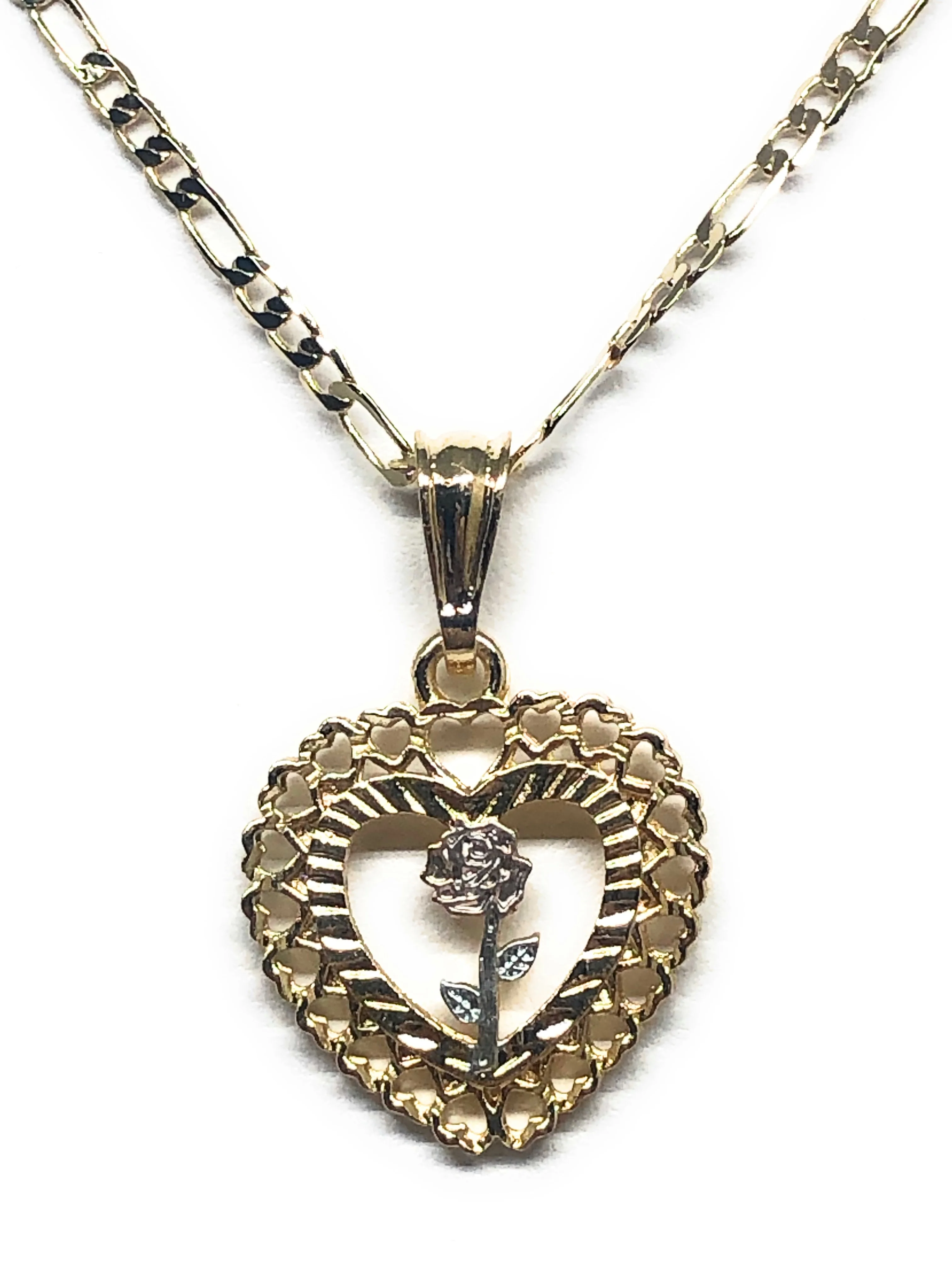 Gold Plated Tri-Color Heart Rose Pendant Necklace Figaro Chain 24” - Image 3