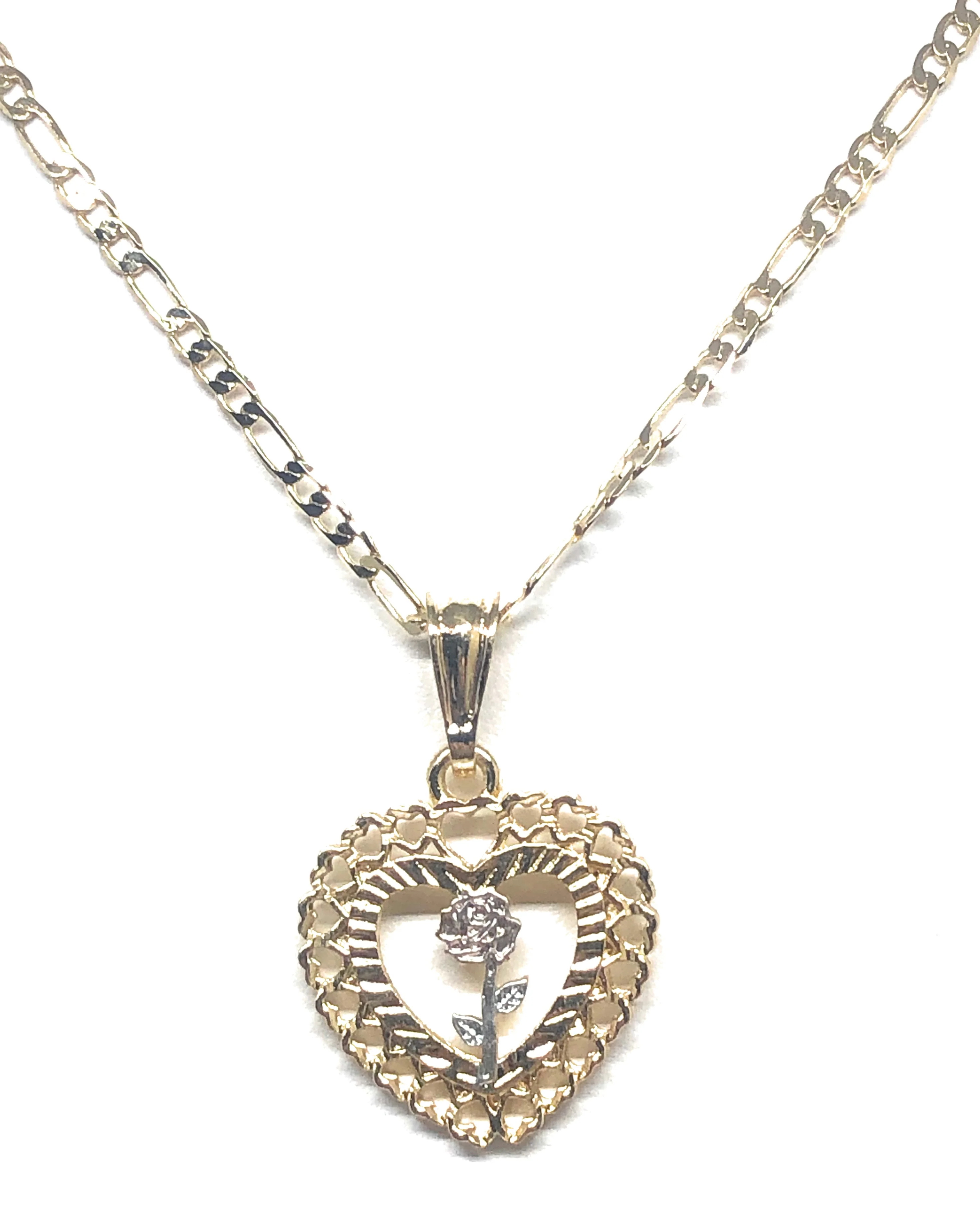 Gold Plated Tri-Color Heart Rose Pendant Necklace Figaro Chain 24” - Image 6