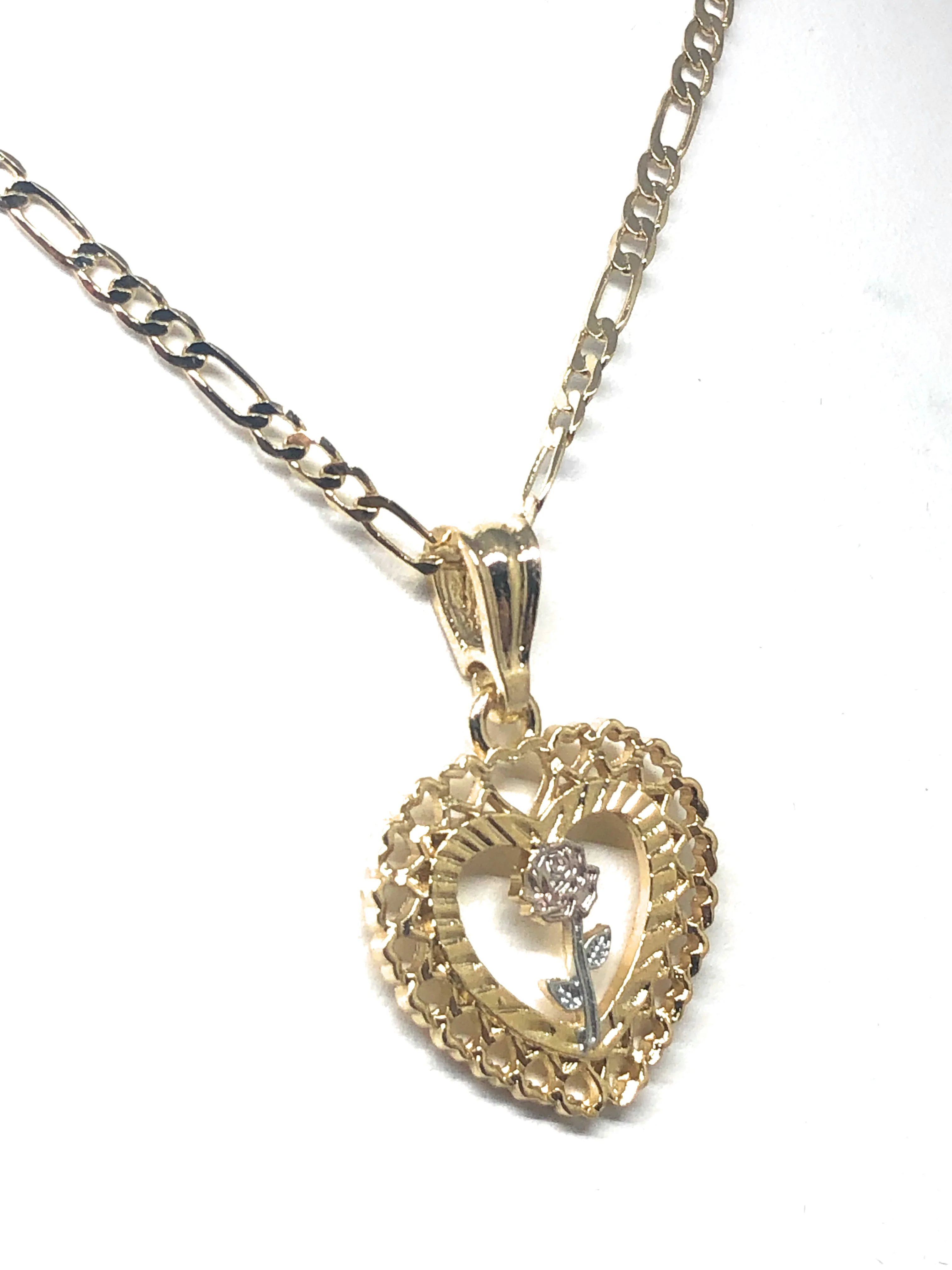 Gold Plated Tri-Color Heart Rose Pendant Necklace Figaro Chain 24” - Image 7
