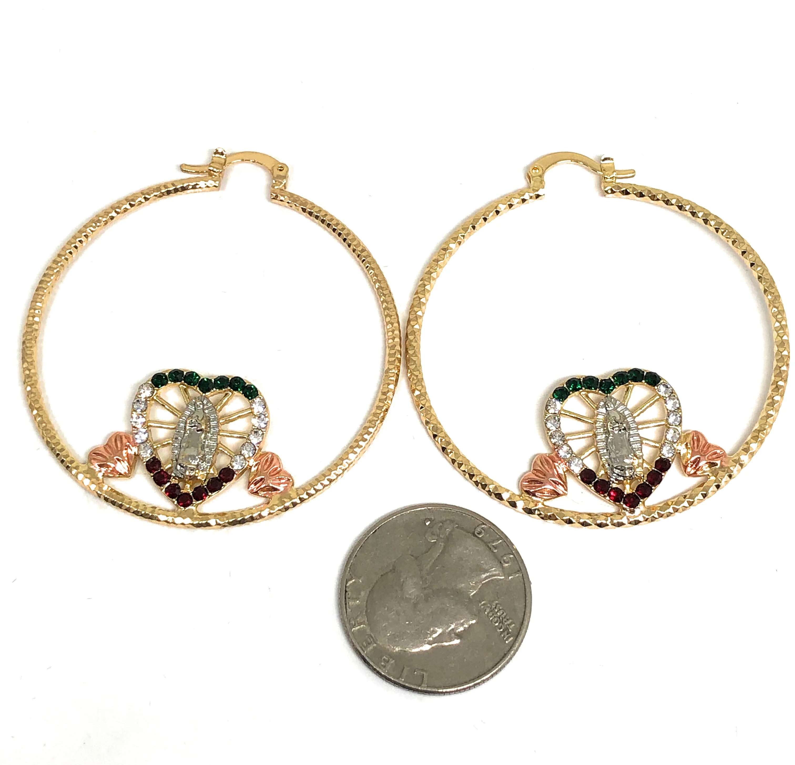 Gold Plated Tri Color Heart Virgin Mary Flower Hoop Earrings Virgen Guadalupe Aretes Arracadas - Image 2