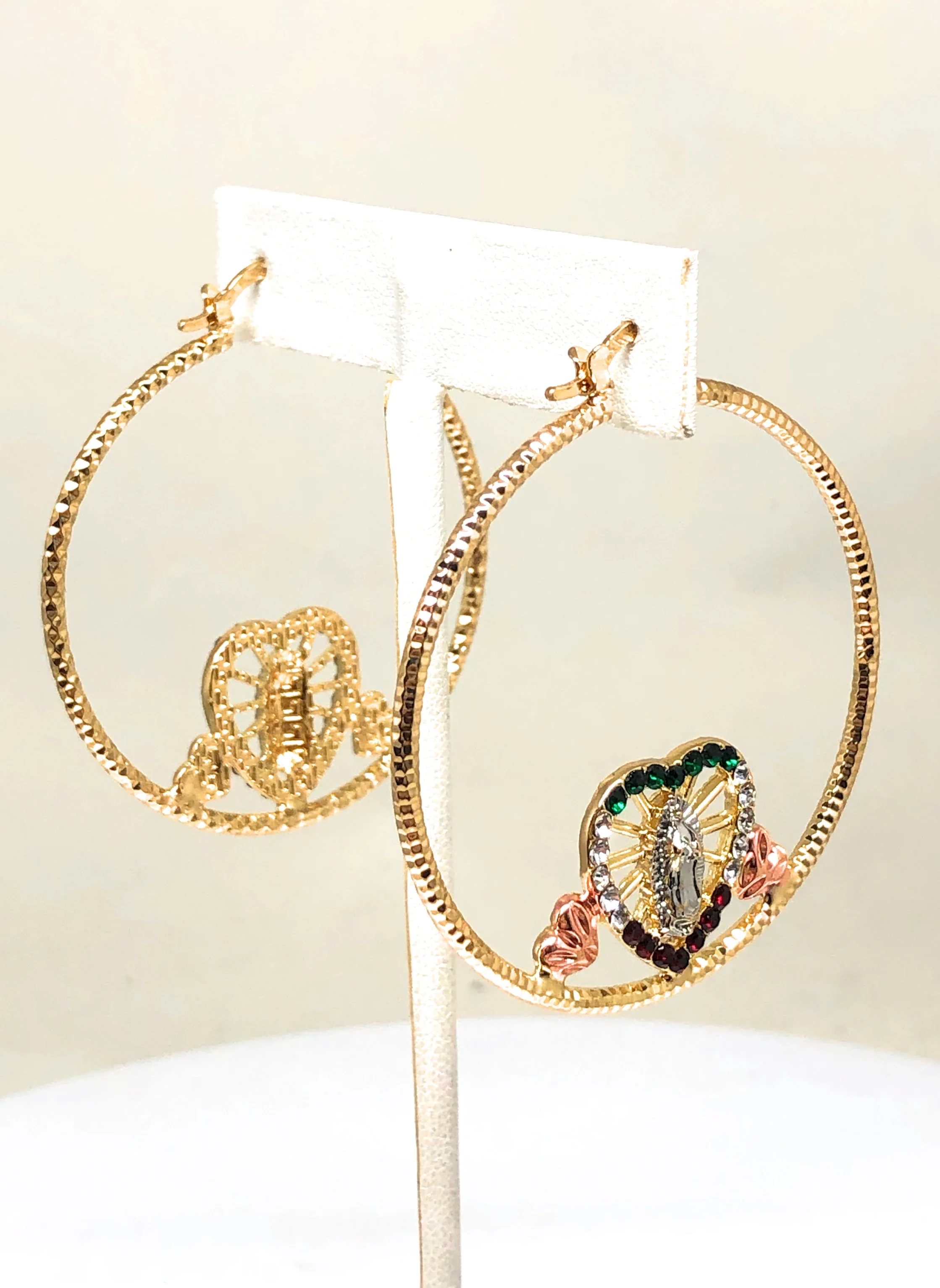 Gold Plated Tri Color Heart Virgin Mary Flower Hoop Earrings Virgen Guadalupe Aretes Arracadas - Image 4