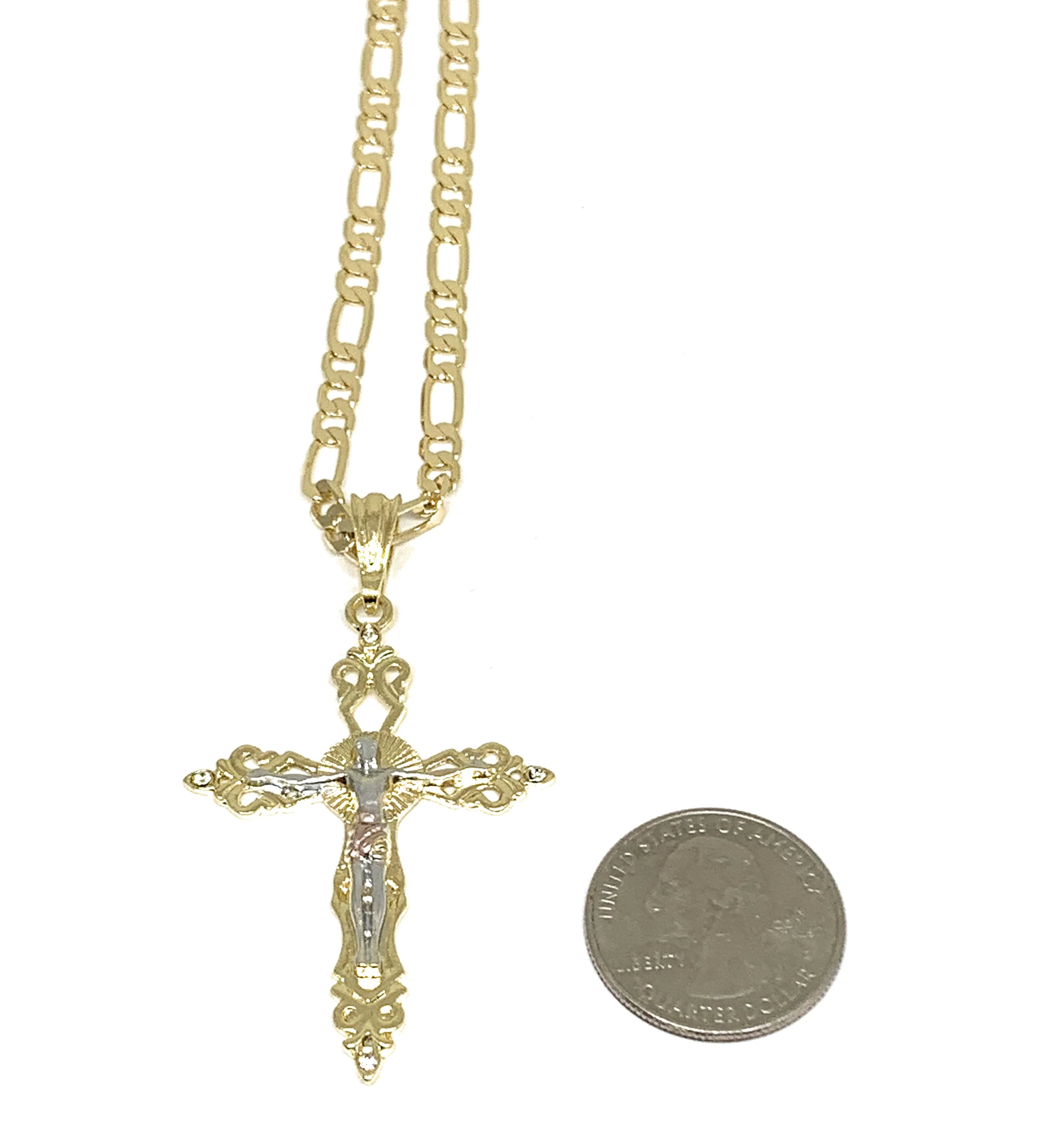 Gold Plated Tri-Color Jesus Cross CZ Crucifix 24” Necklace Cruz Crucifijo - Image 2