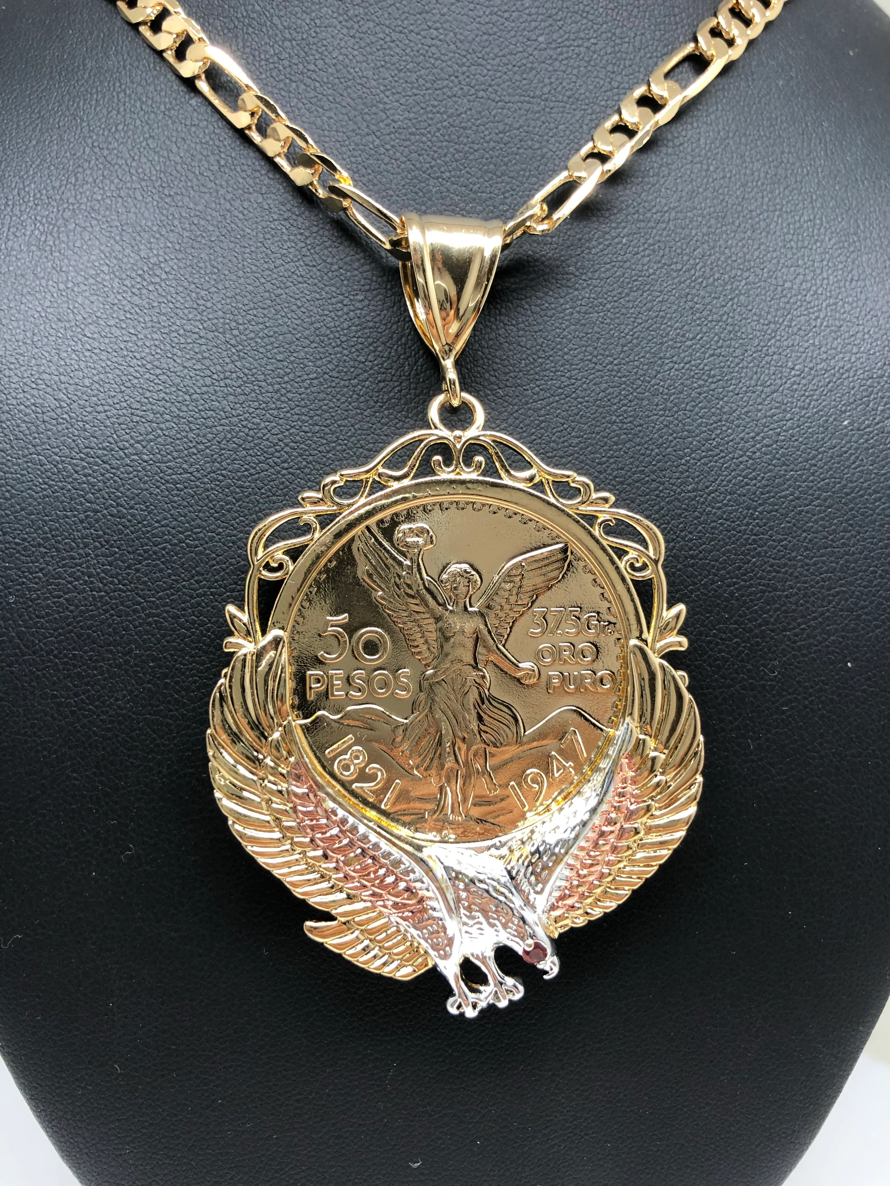 Gold Plated Tri-Color Mexican Coin Centenario Eagle Mexicano Aguila Figaro 26" 5mm - Image 5