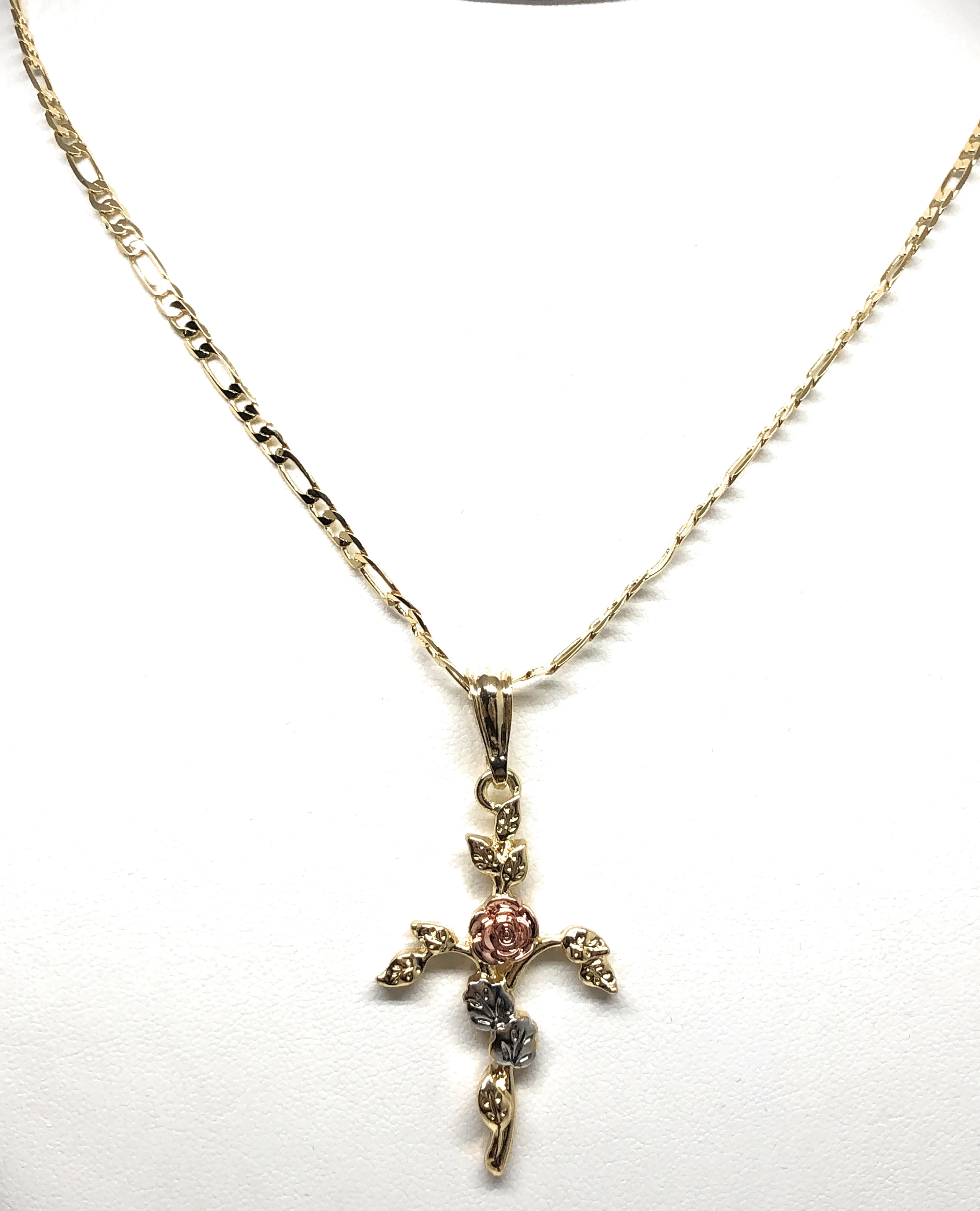 Gold Plated Tri-Color Rose Cross Crucifix 24" Chain Cruz Crucifijo - Image 5