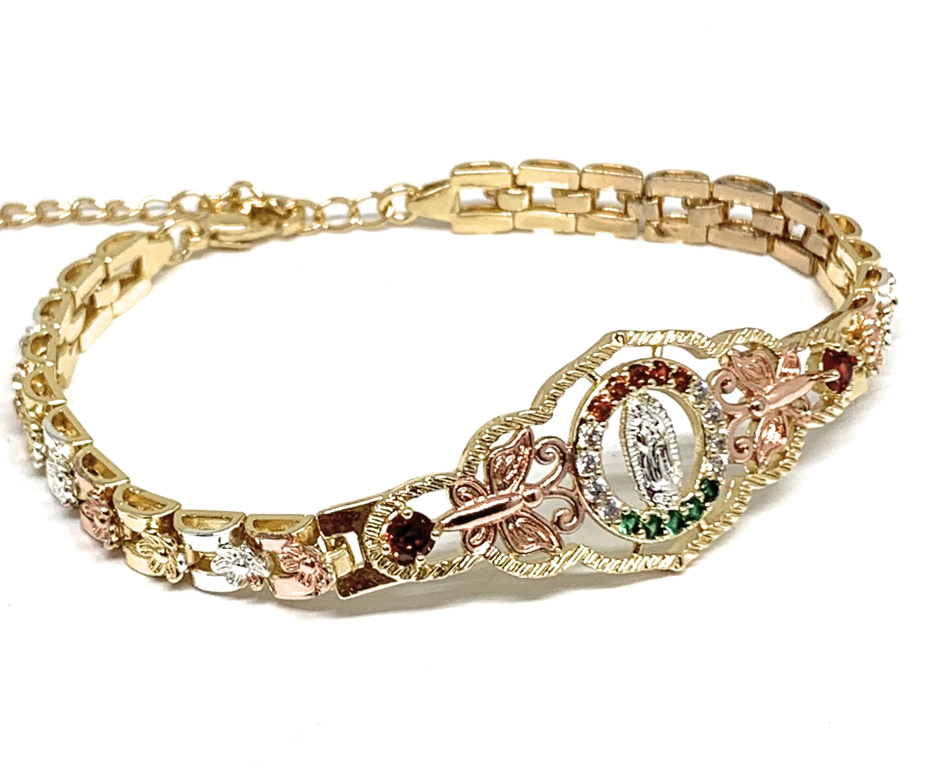 Gold Plated Tri-Color Round Virgin Mary Butterfly Bracelet Virgen De Guadalupe Pulsera  8" - Image 3