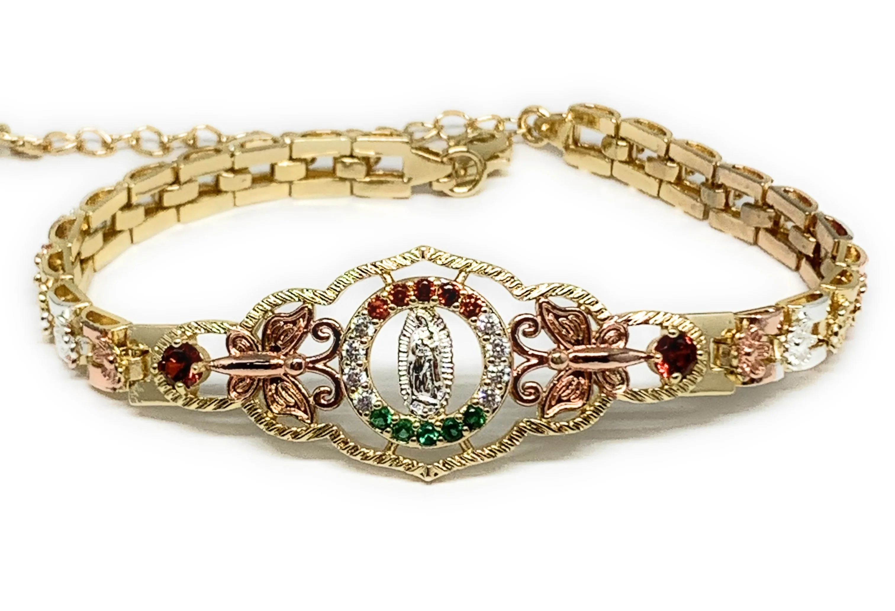 Gold Plated Tri-Color Round Virgin Mary Butterfly Bracelet Virgen De Guadalupe Pulsera  8" - Image 4