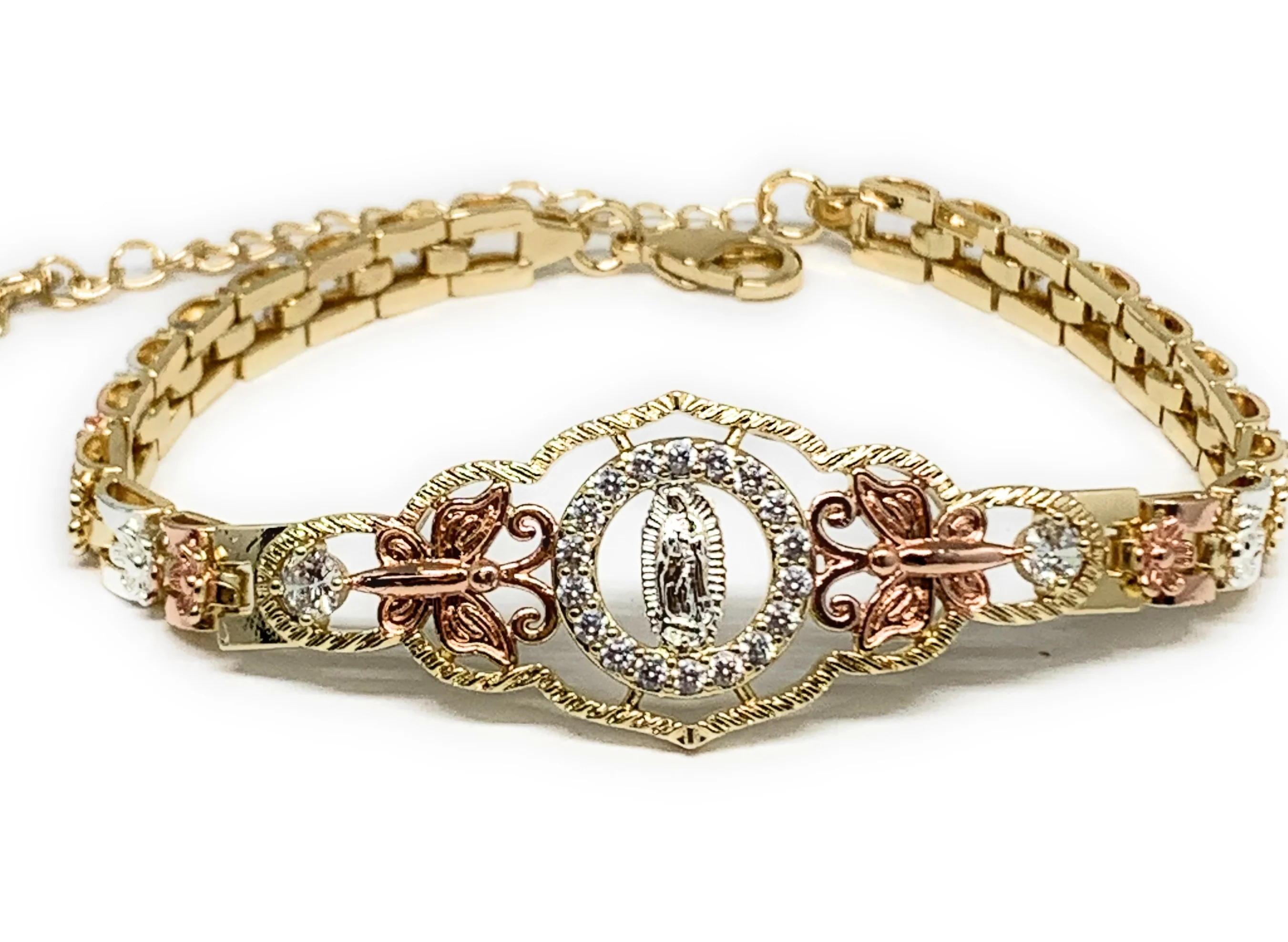 Gold Plated Tri-Color Round Virgin Mary Butterfly Bracelet Virgen De Guadalupe Pulsera  8" - Image 7