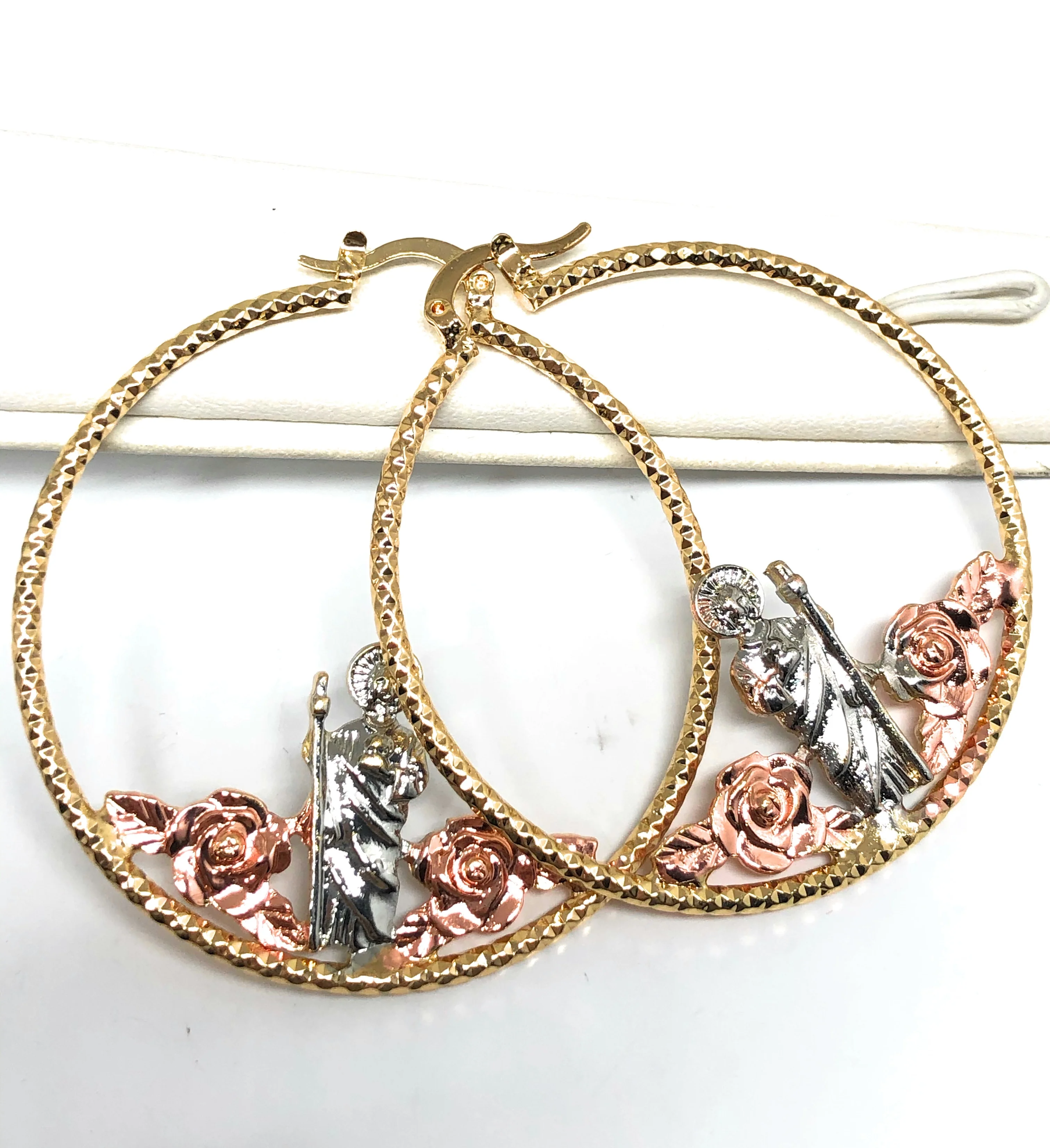 Gold Plated Tri Color Saint Jude Flower Hoop Earrings San Judas Aretes Arracadas - Image 3