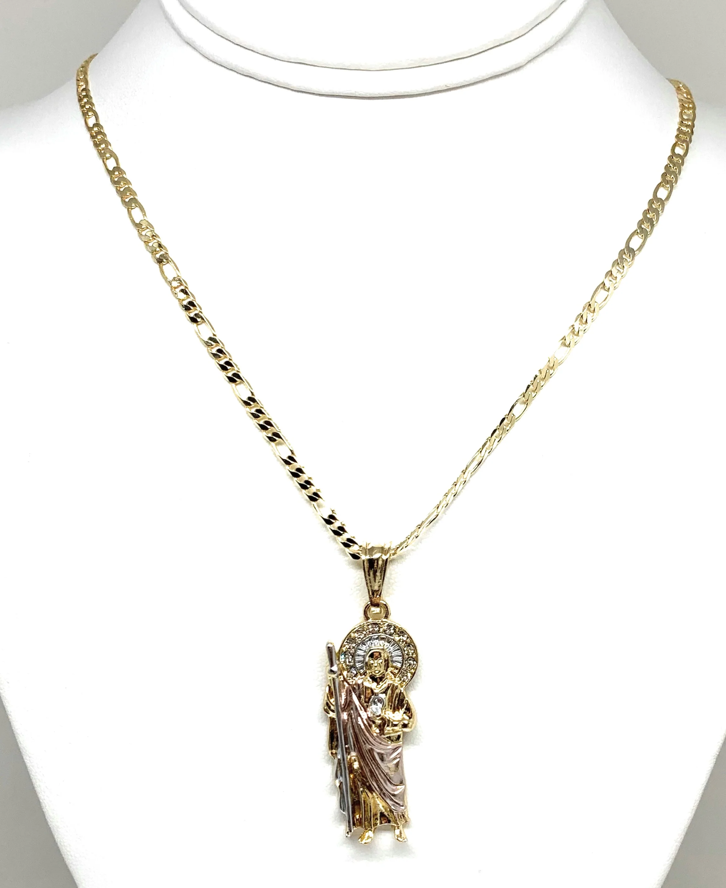 Gold Plated Tri-Color Saint Jude Pendant Necklace Figaro 24" 4mm San Judas Tadeo Medalla - Image 3