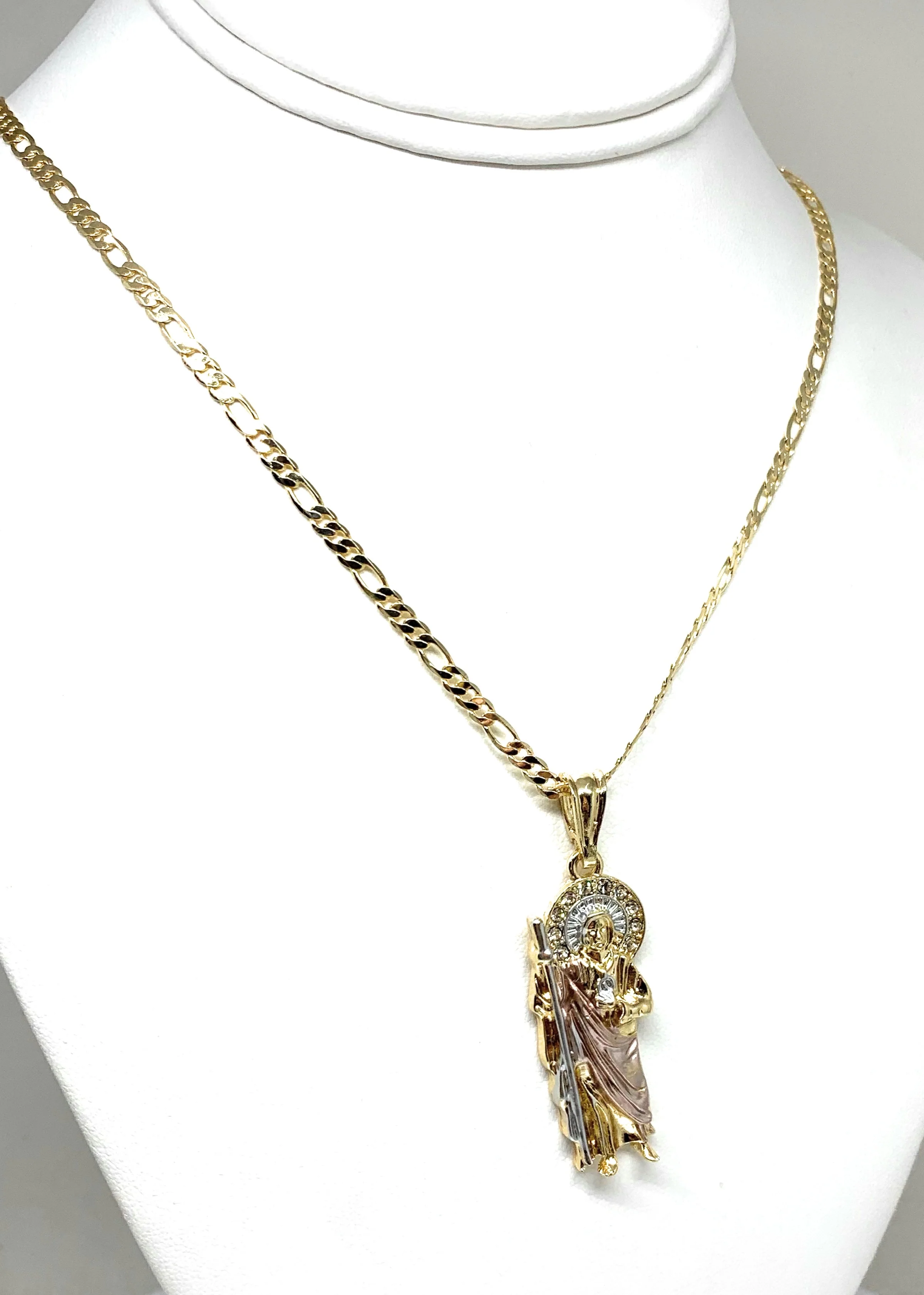Gold Plated Tri-Color Saint Jude Pendant Necklace Figaro 24" 4mm San Judas Tadeo Medalla - Image 4