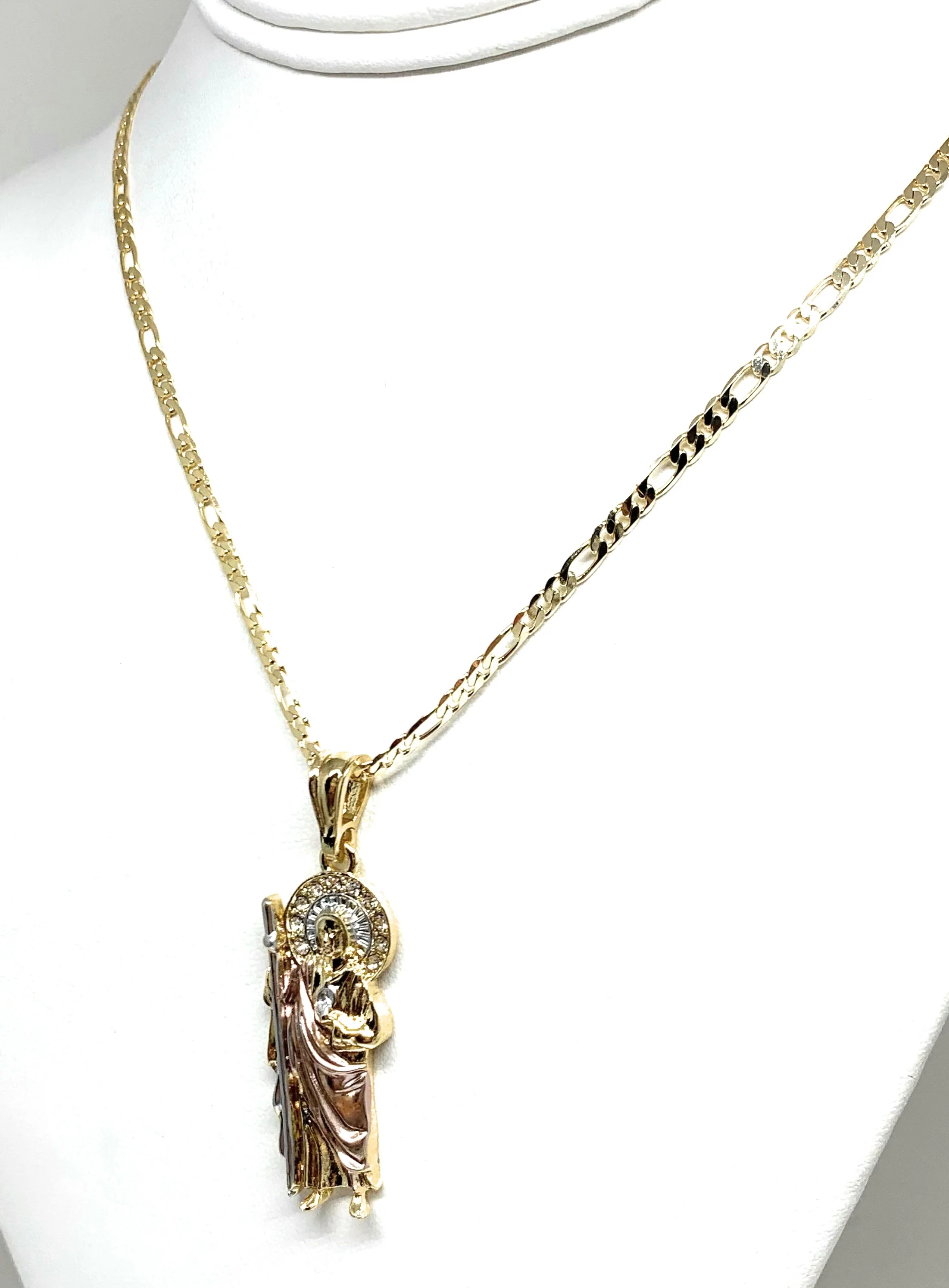 Gold Plated Tri-Color Saint Jude Pendant Necklace Figaro 24" 4mm San Judas Tadeo Medalla - Image 5