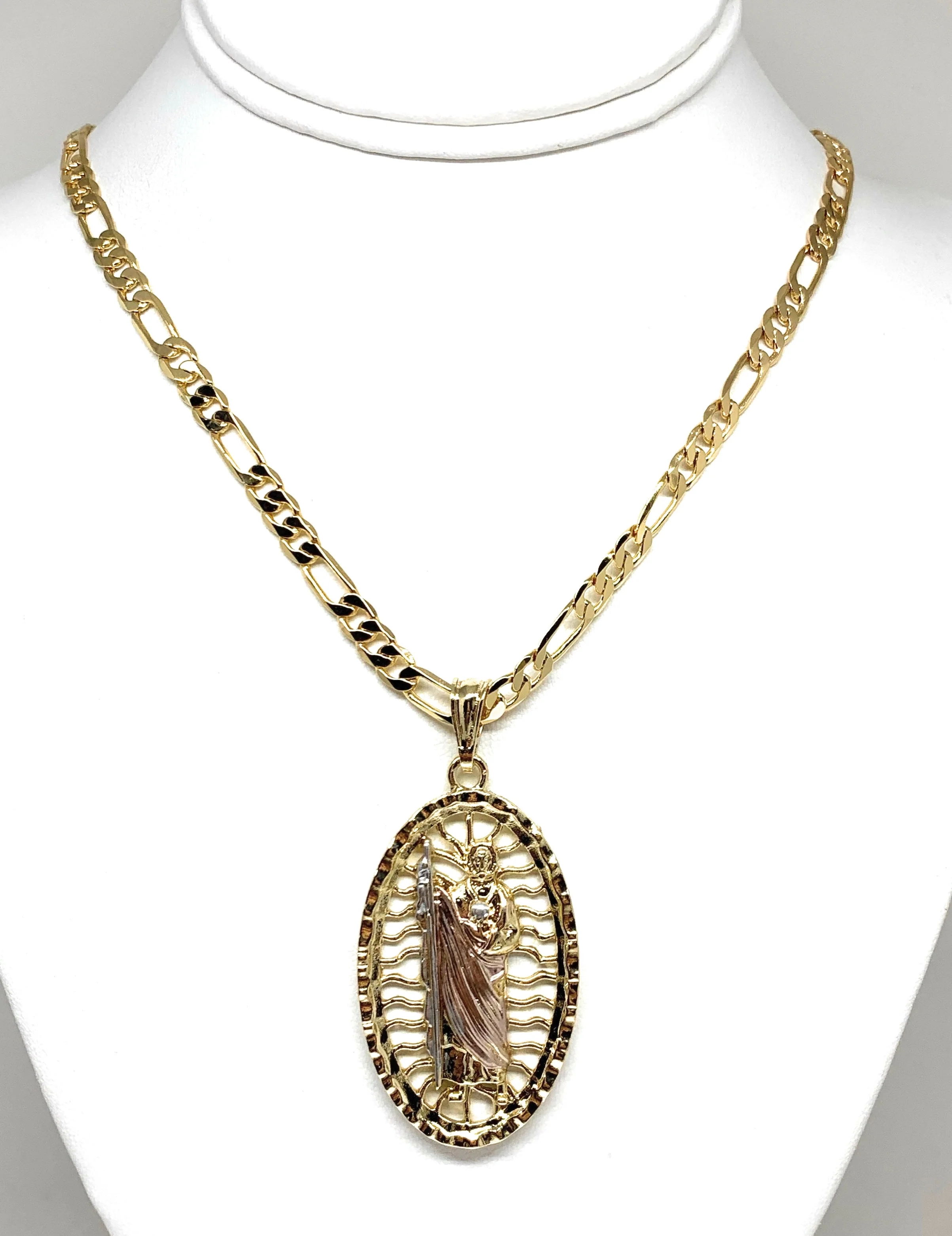 Gold Plated Tri-Color Big XL Saint Jude Pendant Necklace Figaro 26" San Judas Tadeo Medalla Oro Laminado - Image 3