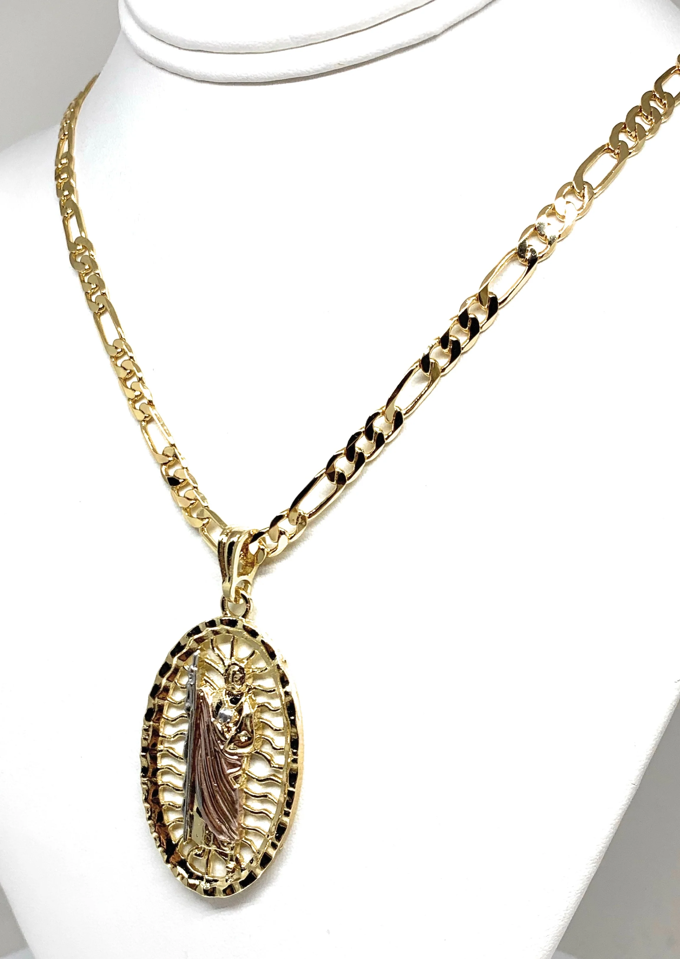 Gold Plated Tri-Color Big XL Saint Jude Pendant Necklace Figaro 26" San Judas Tadeo Medalla Oro Laminado - Image 4