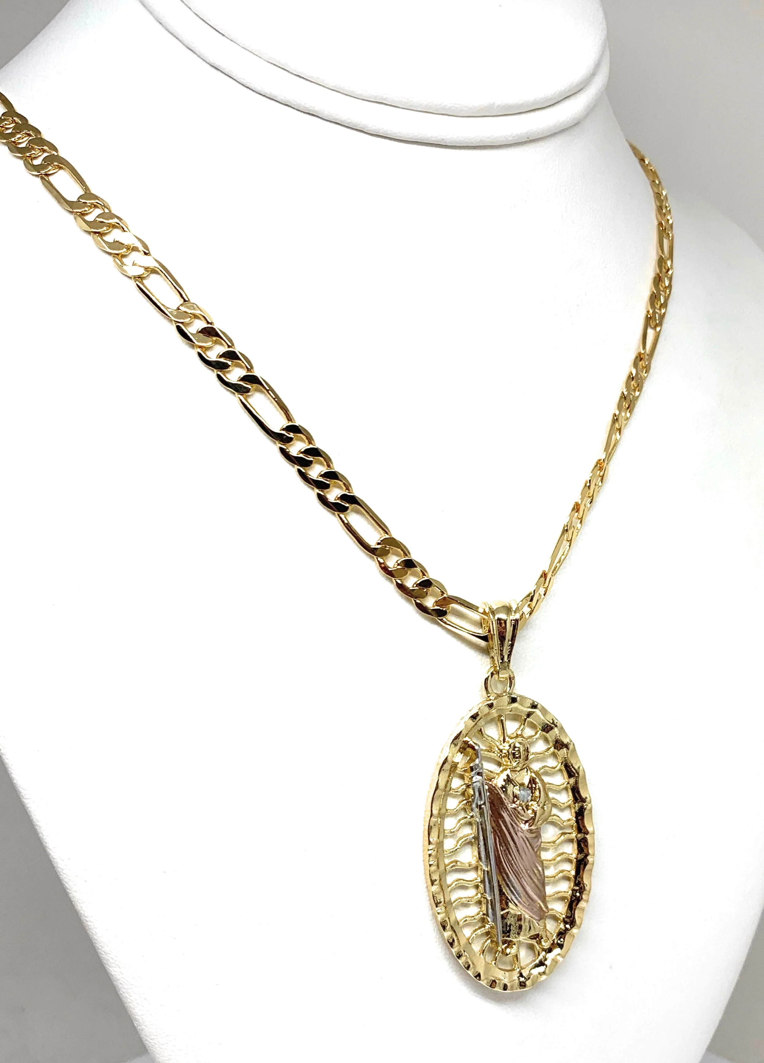 Gold Plated Tri-Color Big XL Saint Jude Pendant Necklace Figaro 26" San Judas Tadeo Medalla Oro Laminado - Image 5