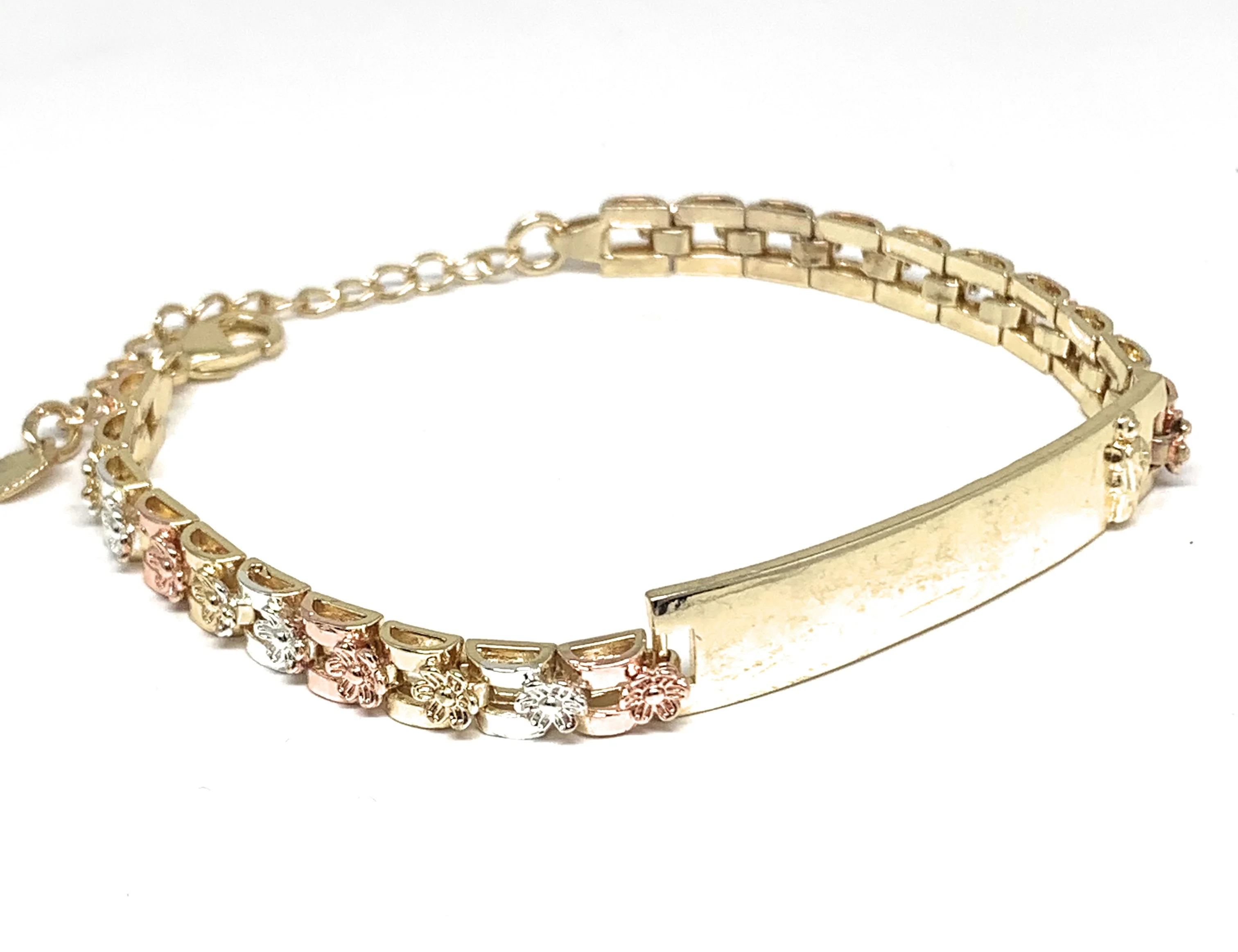 Gold Plated Tri-Color Saint Jude San Judas Flower ID Bracelet 7.5” 5.5mm Width Esclava - Image 3