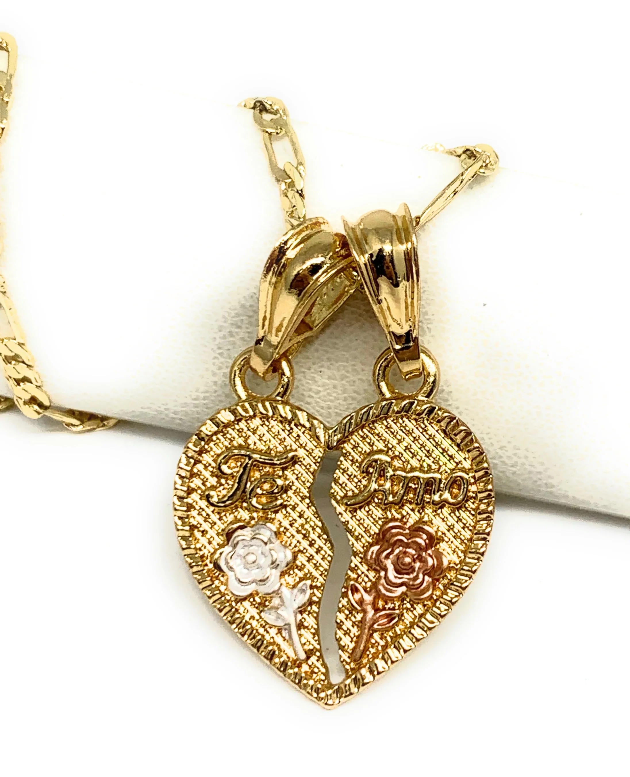 Gold Plated Tri-Color "Te Amo" Flower Heart Split Pendant Necklace 24"