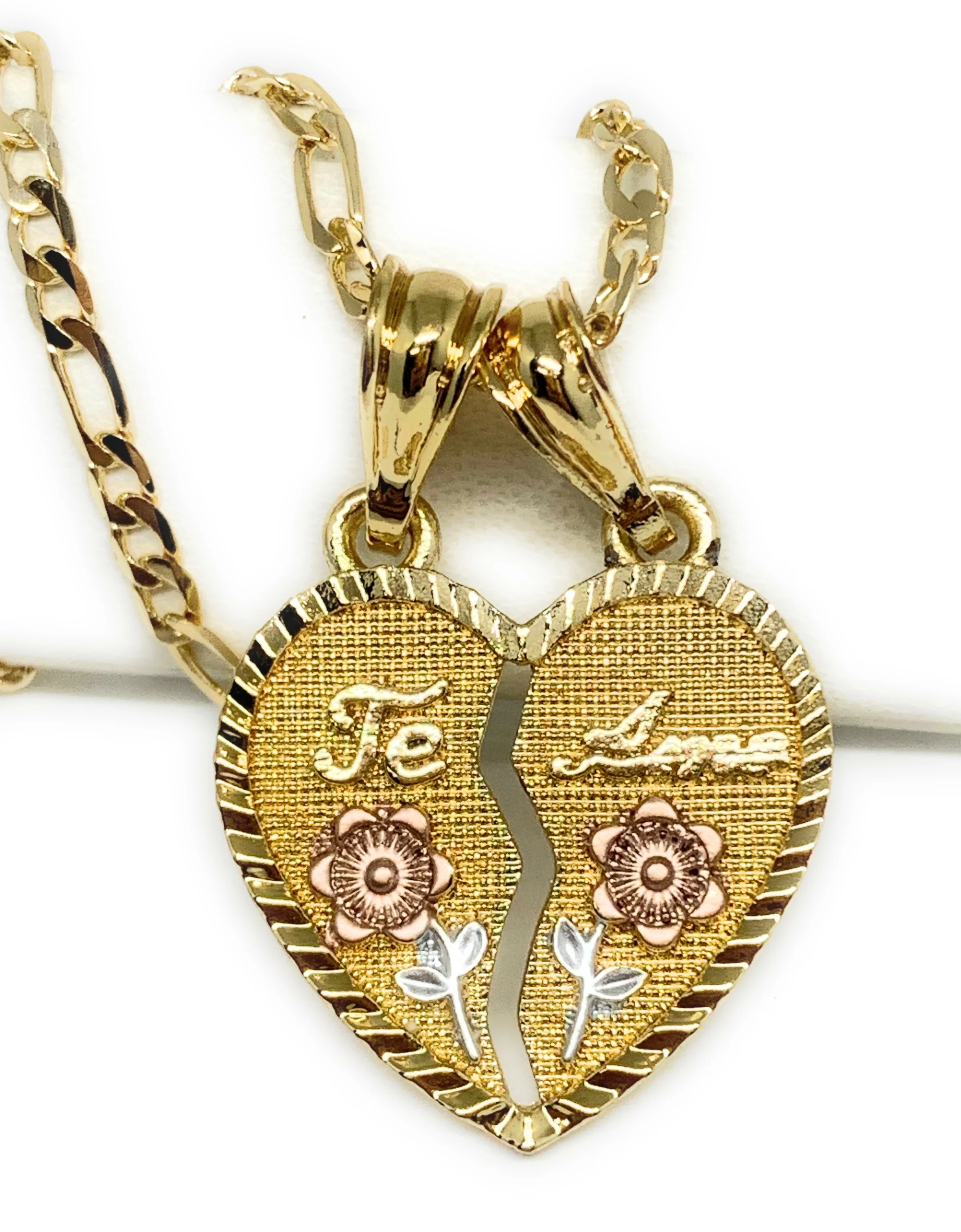 Gold Plated Tri-Color "Te Amo" Flower Heart Split Pendant Necklace 24" - Image 5