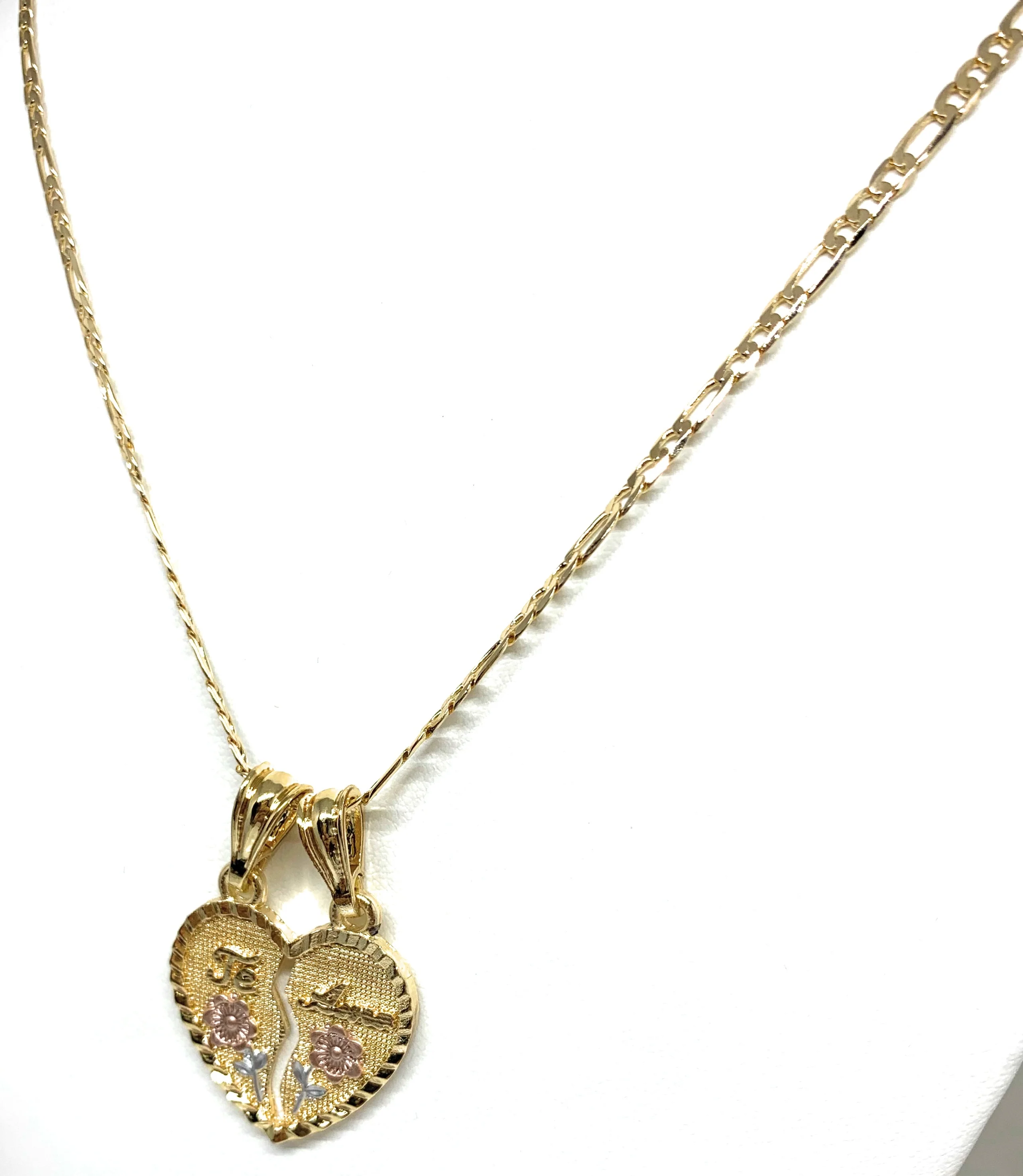 Gold Plated Tri-Color "Te Amo" Flower Heart Split Pendant Necklace 24" - Image 8