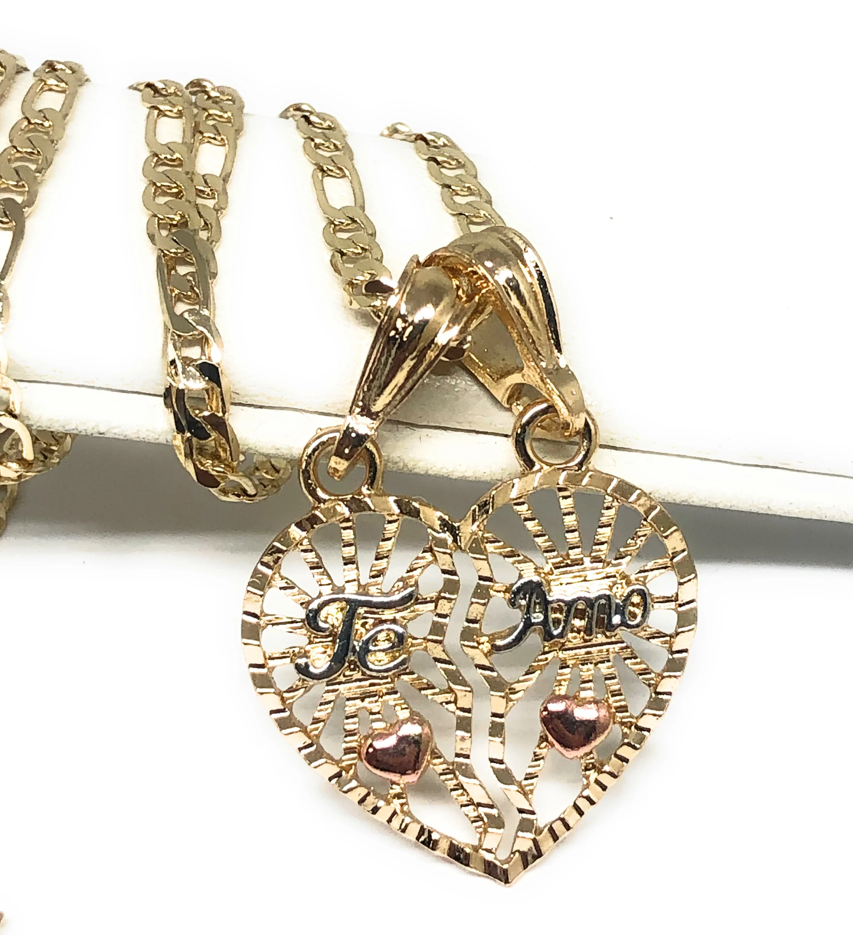 Gold Plated Tri-Color "Te Amo" Flower Heart Split Pendant Necklace 24"