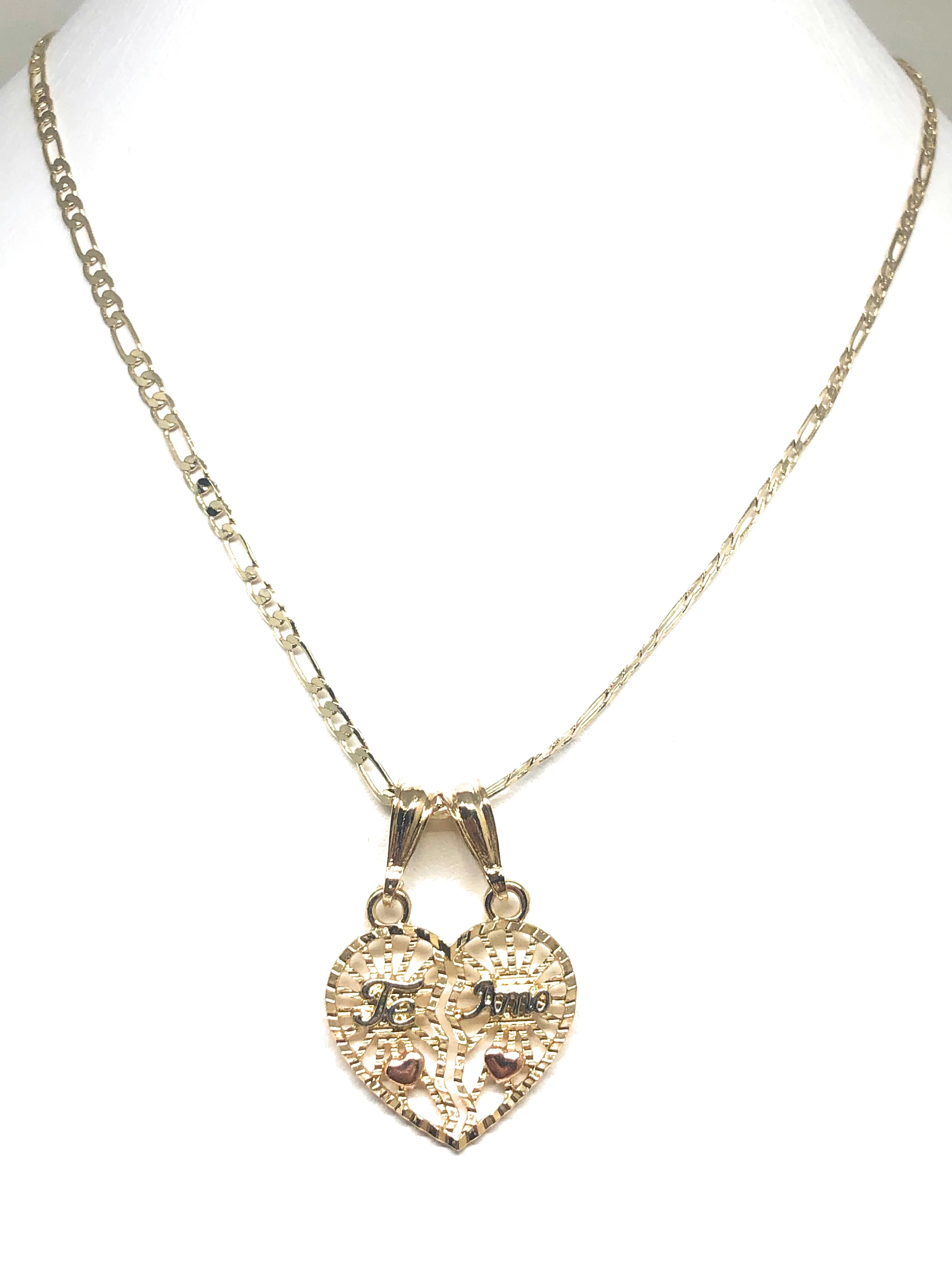 Gold Plated Tri-Color "Te Amo" Flower Heart Split Pendant Necklace 24" - Image 4