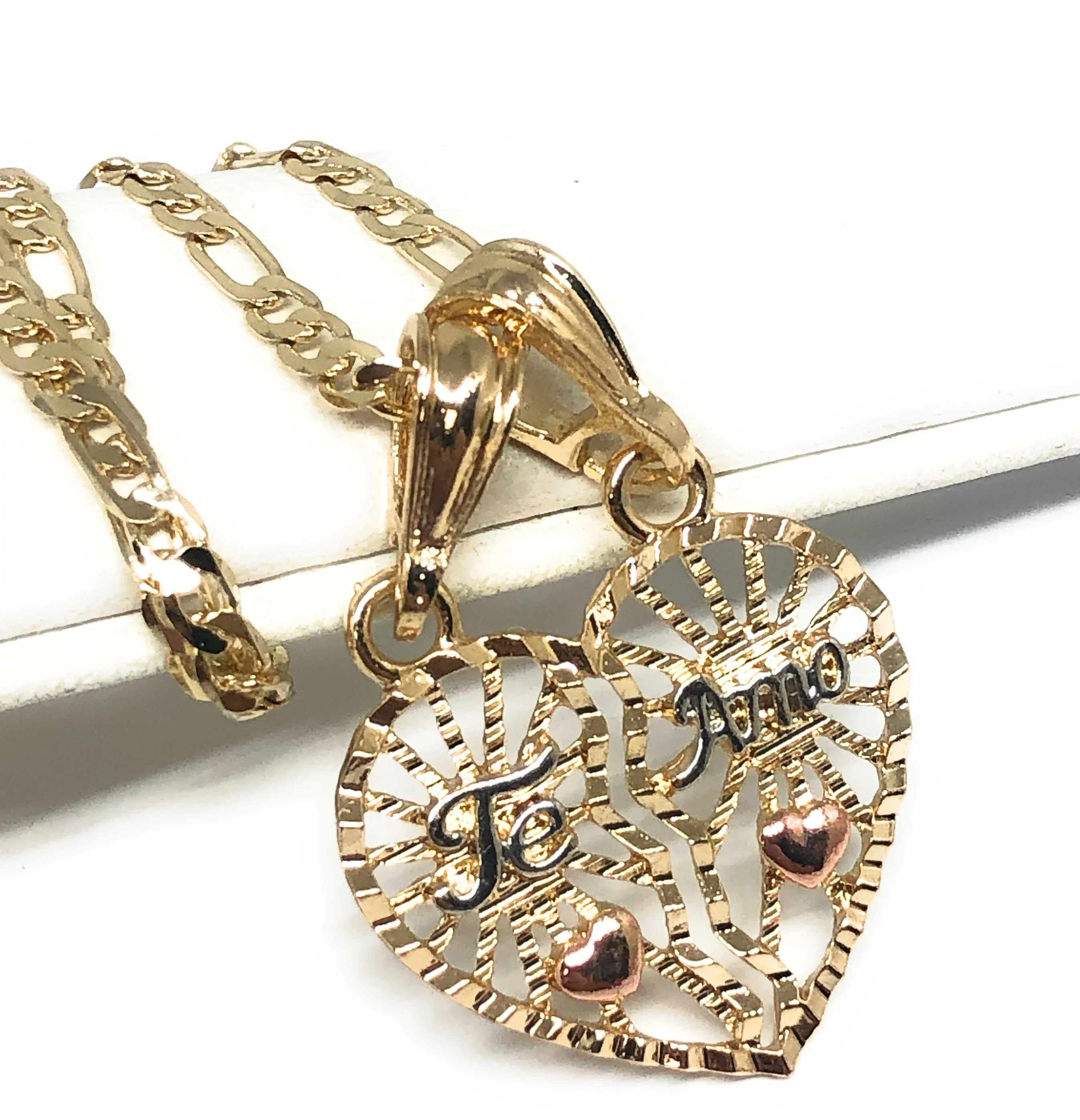 Gold Plated Tri-Color "Te Amo" Flower Heart Split Pendant Necklace 24" - Image 5